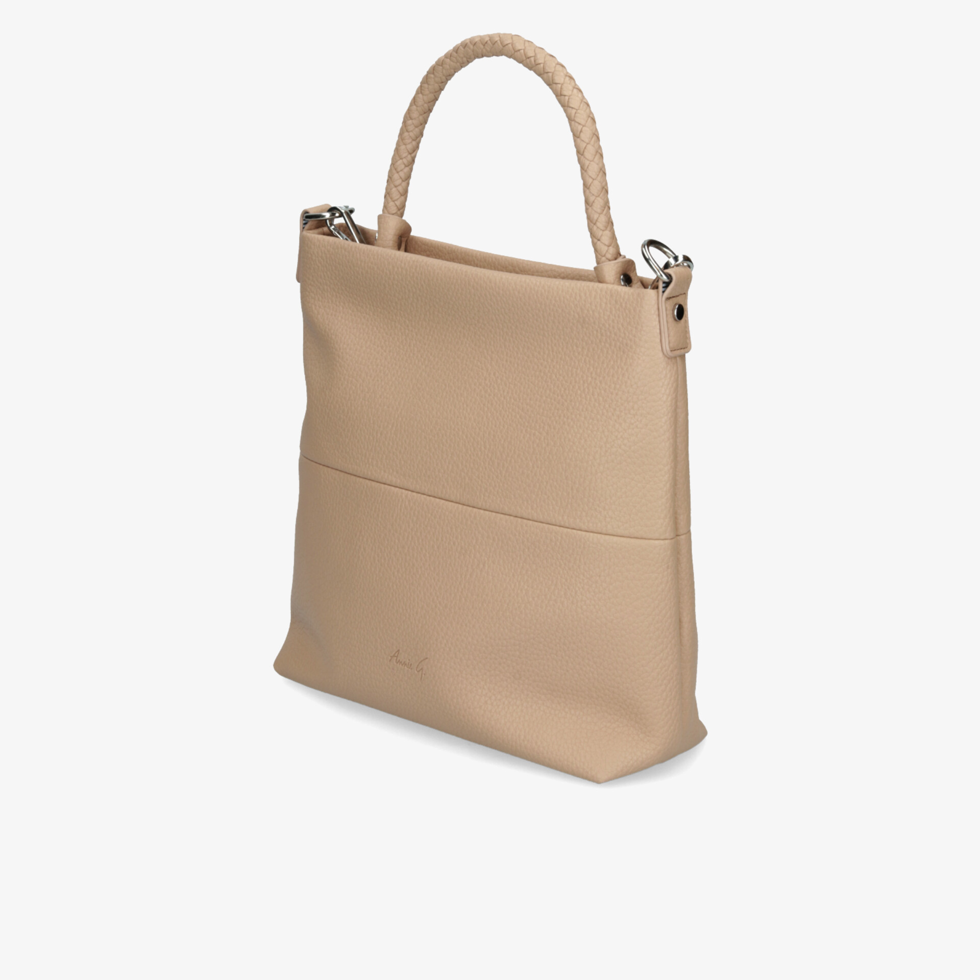 Beige hochformatige Tasche mit stabilem Henkel und minimalistischem Design in seitlicher 3/4 Ansicht