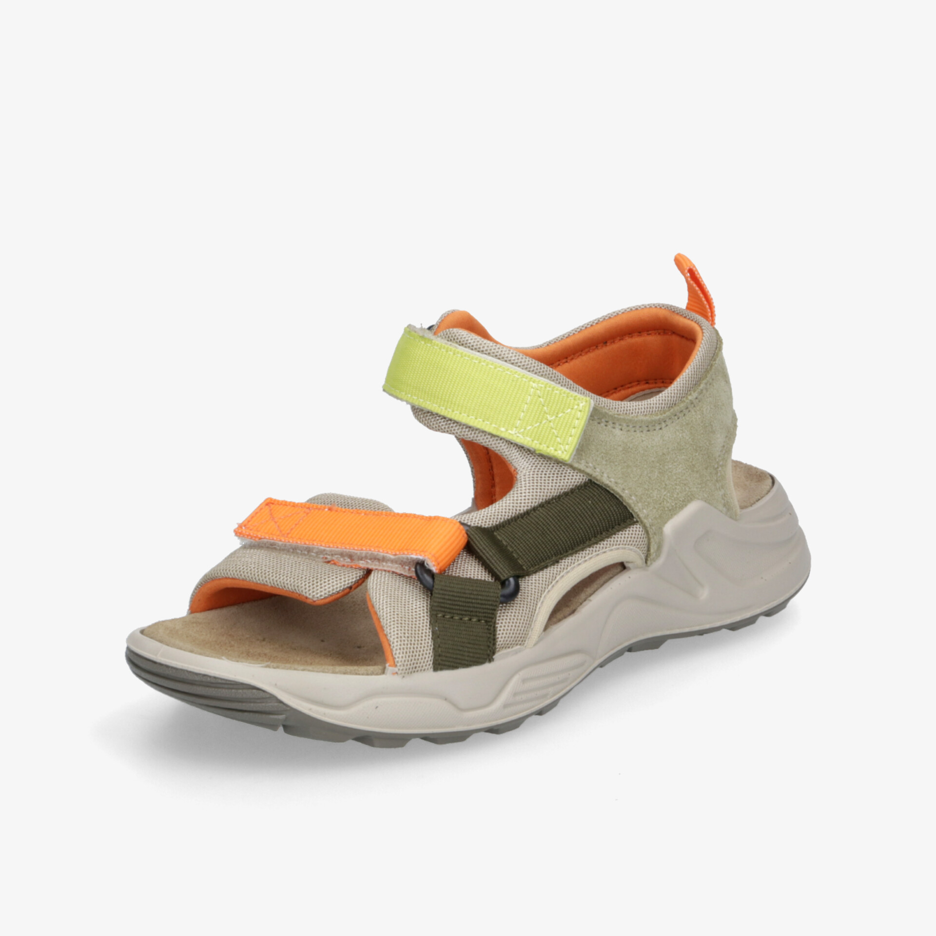 Sportliche Sandale in Beige mit orange und grün, verstellbare Klettverschlüsse, gepolsterte Innensohle und rutschfeste Sohle