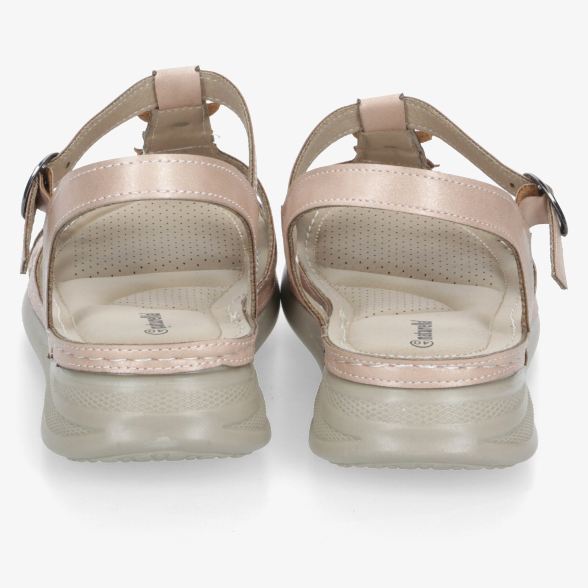 Bequeme beige Sandale mit gepolsterter Innensohle und verstellbarem Riemen, rutschfeste langlebige Sohle hinten sichtbar