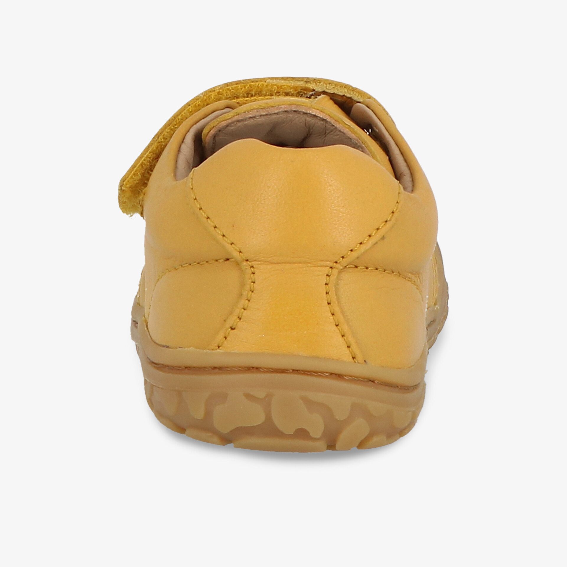 Rückansicht eines gelben Lederschuhs mit rutschfester Sohle und bequemer, flexibler Passform