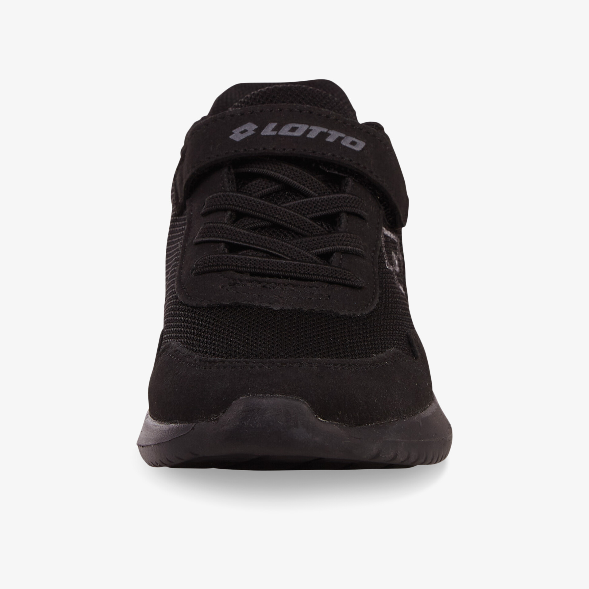 Schwarzer sportlicher Schuh mit robustem Design, bequemer Passform und stabiler Sohle frontal dargestellt