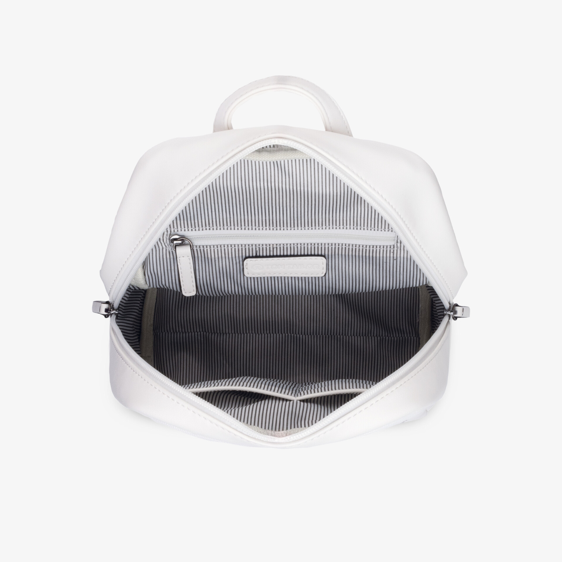 Offene Draufsicht eines weißen Rucksacks mit strukturiertem Innenfutter und funktionalen Reißverschlüssen