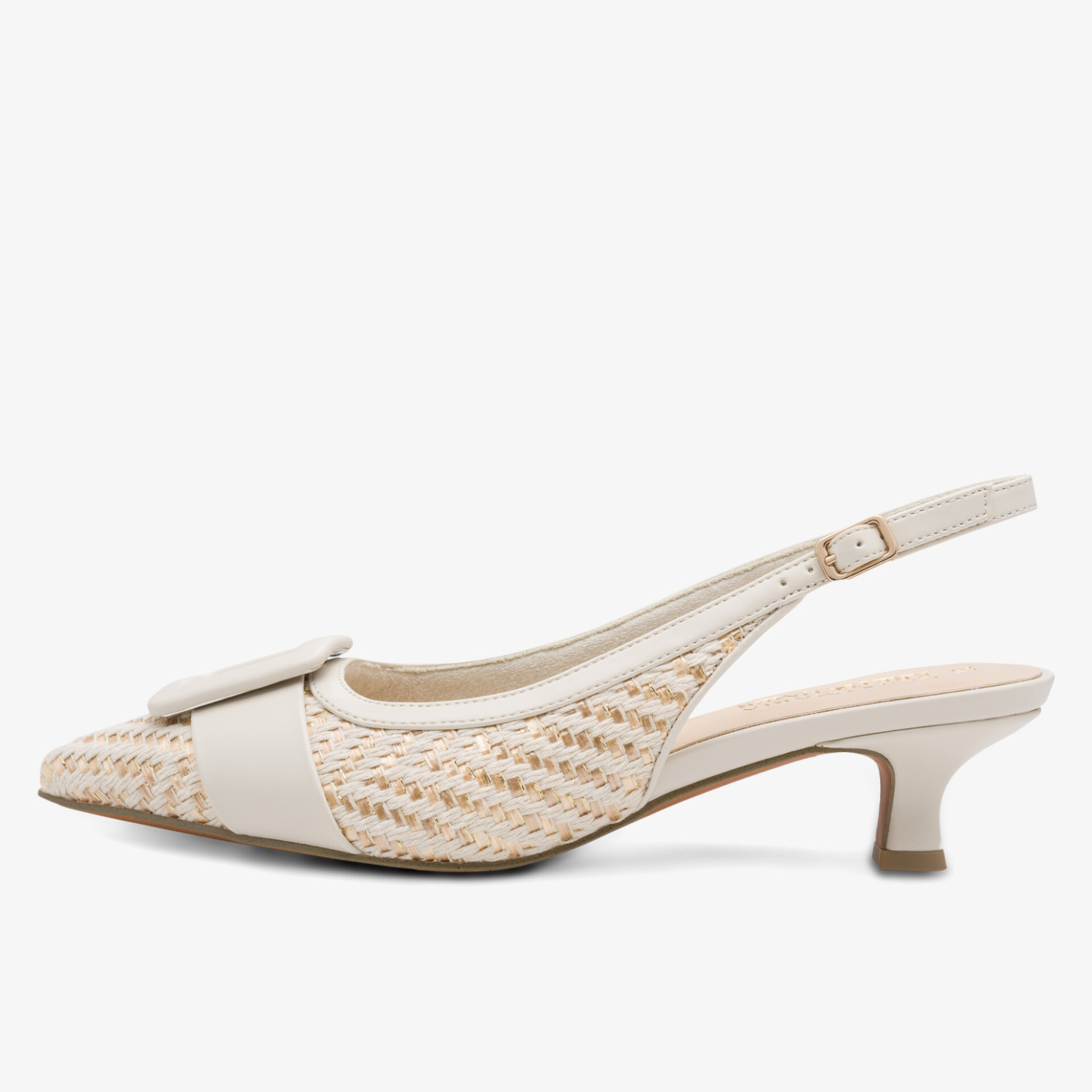 Eleganter Slingback-Schuh mit spitz zulaufender Vorderpartie und mittelhohem Absatz aus geflochtenem Material