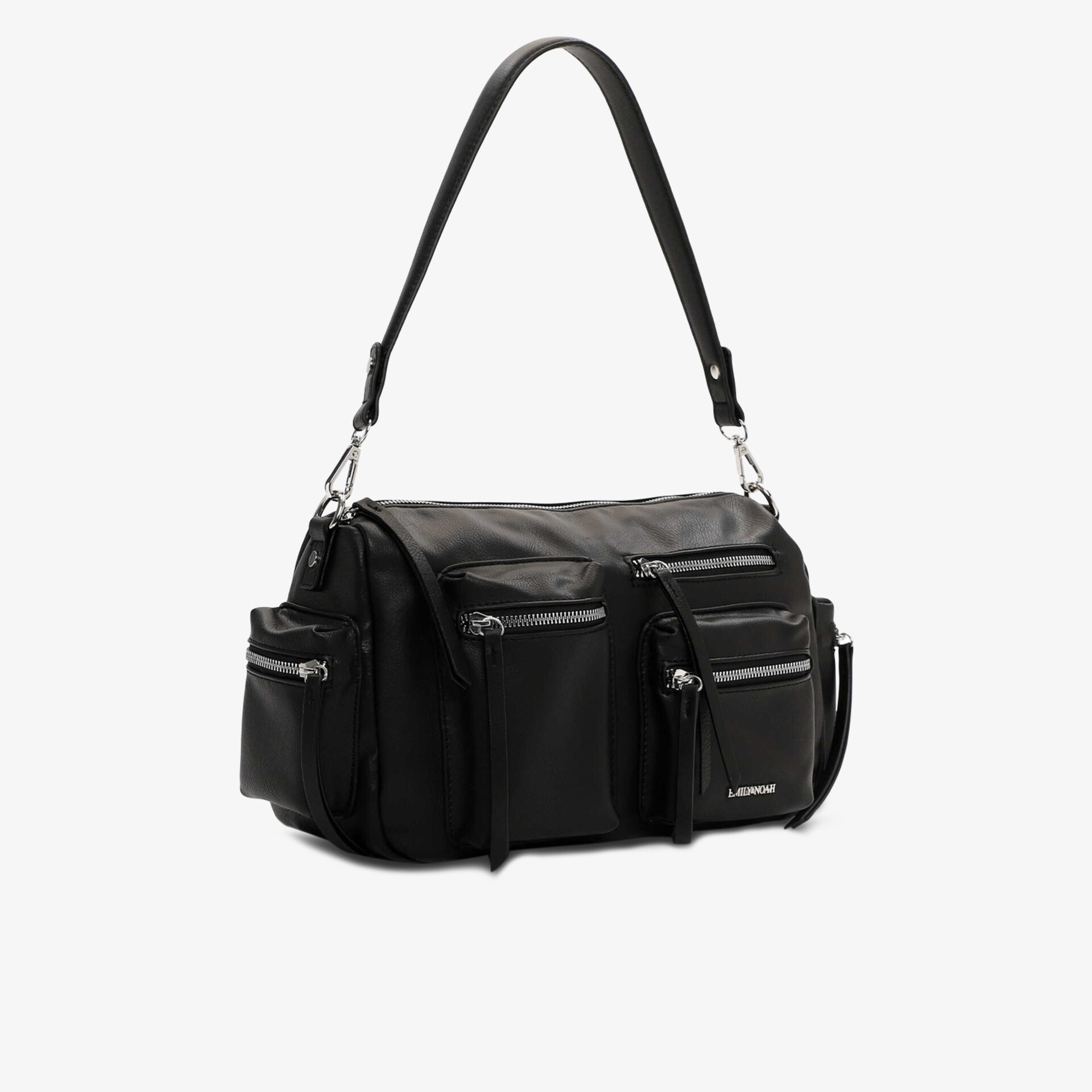 Schwarze robuste und geräumige Umhängetasche mit mehreren Reißverschlussfächern und verstellbarem Schulterriemen