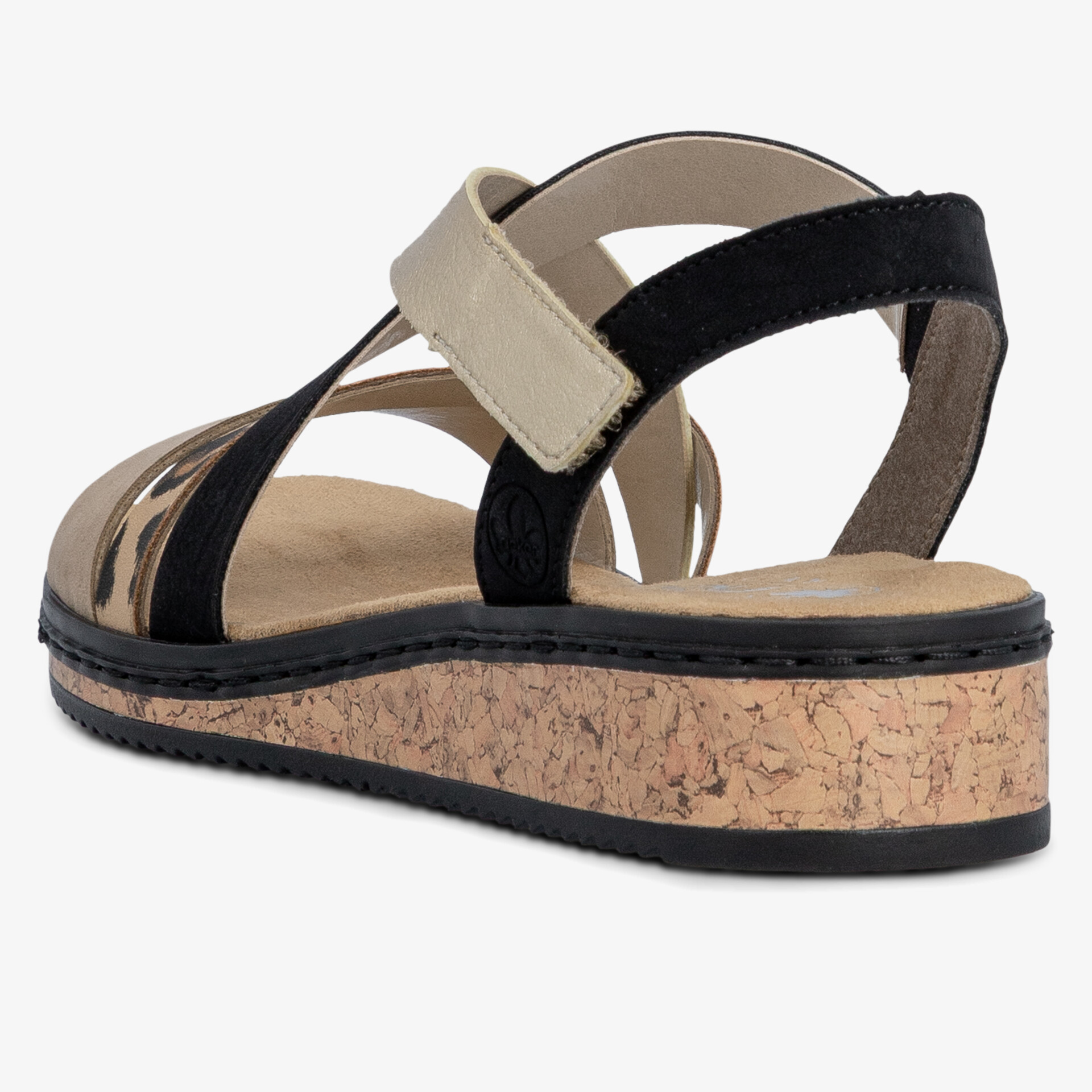 Schwarze Sandale mit Korksohle und verstellbarem Klettverschluss, seitliche Ansicht