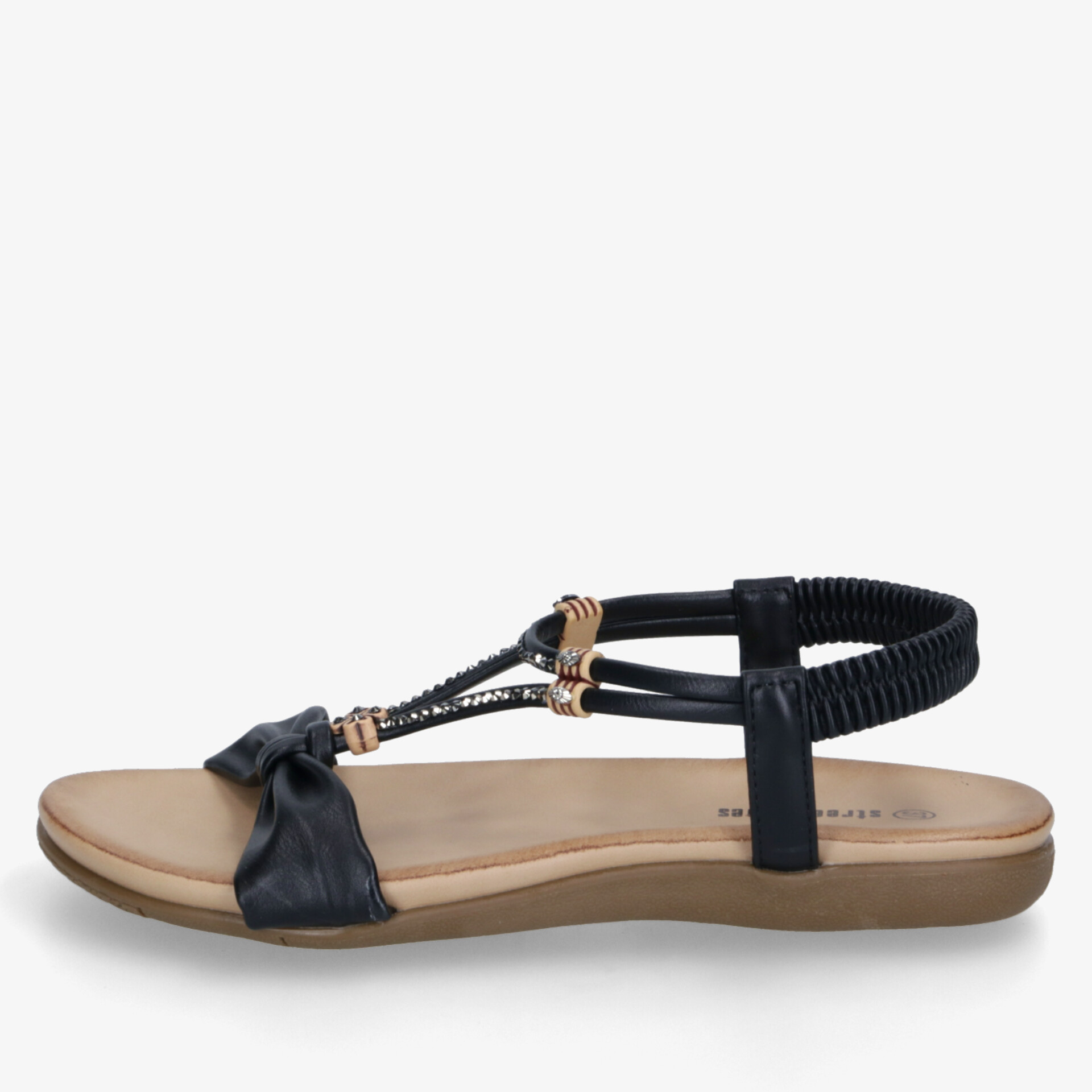 Elegante schwarze Sandale mit flacher Sohle, elastischem Fersenriemen und verstellbarem Riemchen für hohen Tragekomfort