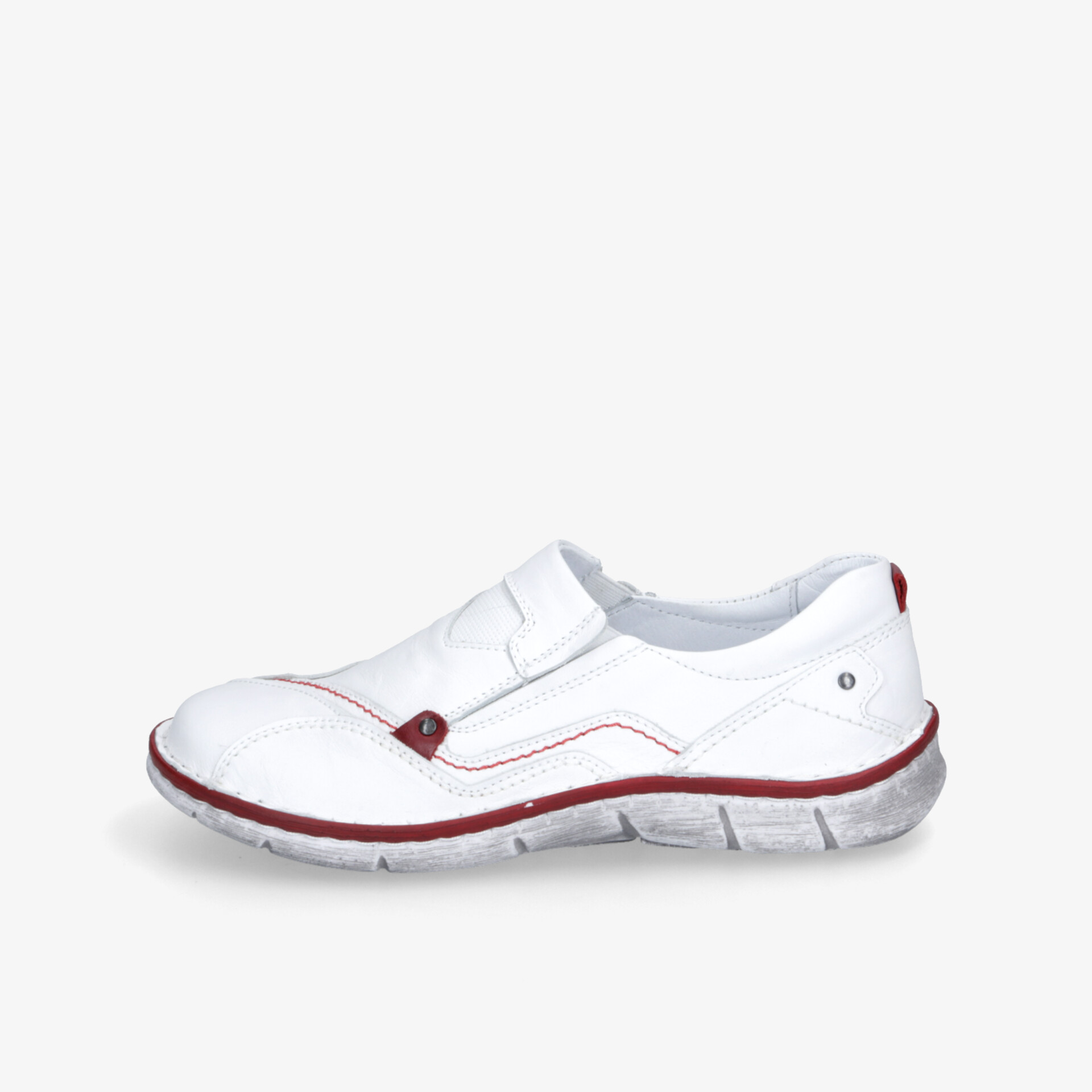 Weißer Sneaker in seitlicher Ansicht mit flexiblem Sohlenprofil und sportlichem, bequemem Design