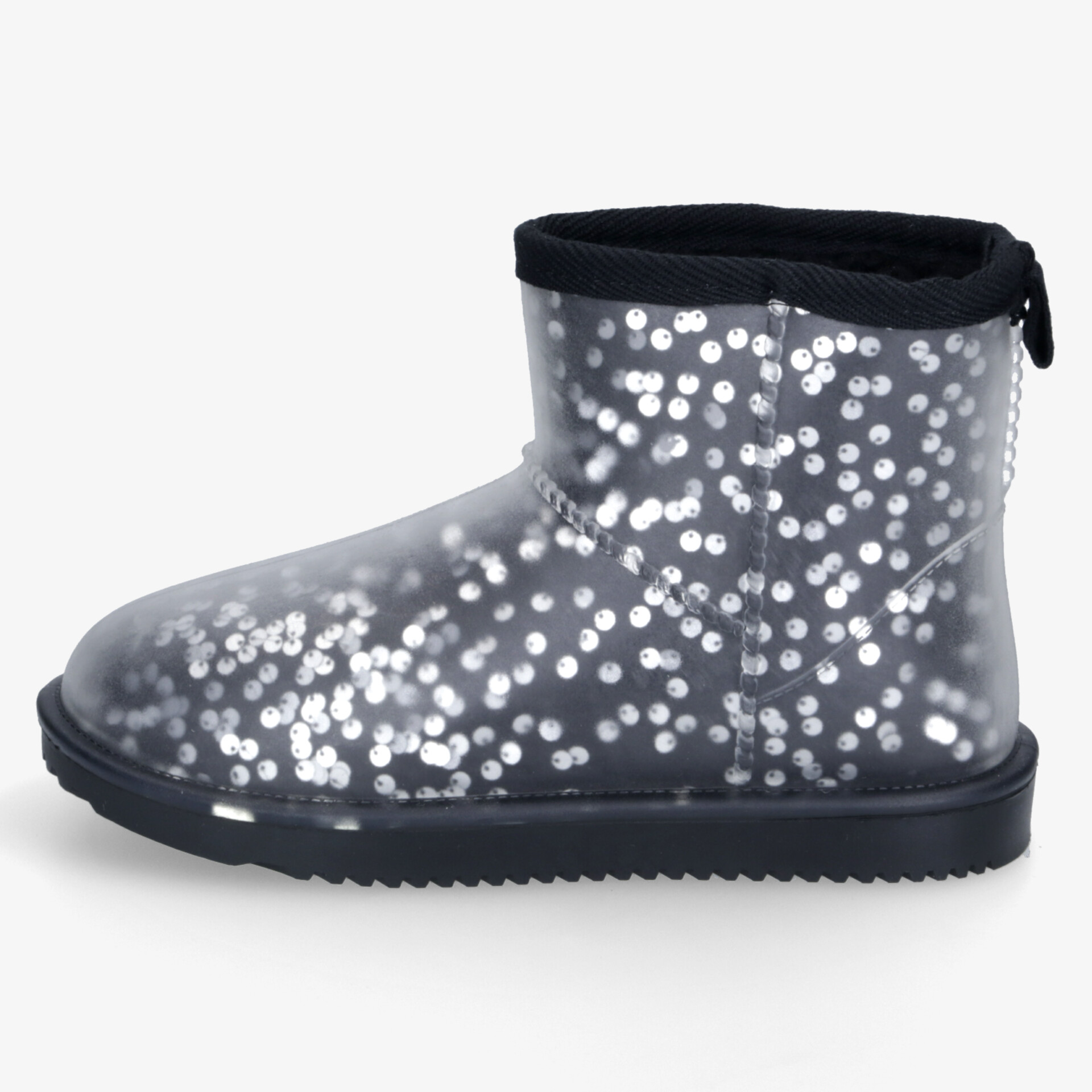 Glitzernder Stiefel mit wasserdichtem Finish und warmem Innenfutter, seitliche Ansicht