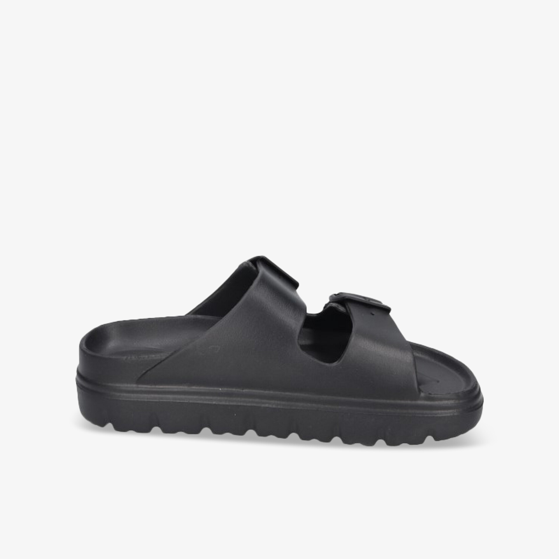 Schwarzer bequemer Slide mit verstellbaren Riemen und rutschfester Sohle, ideale Passform und einfacher Sitz