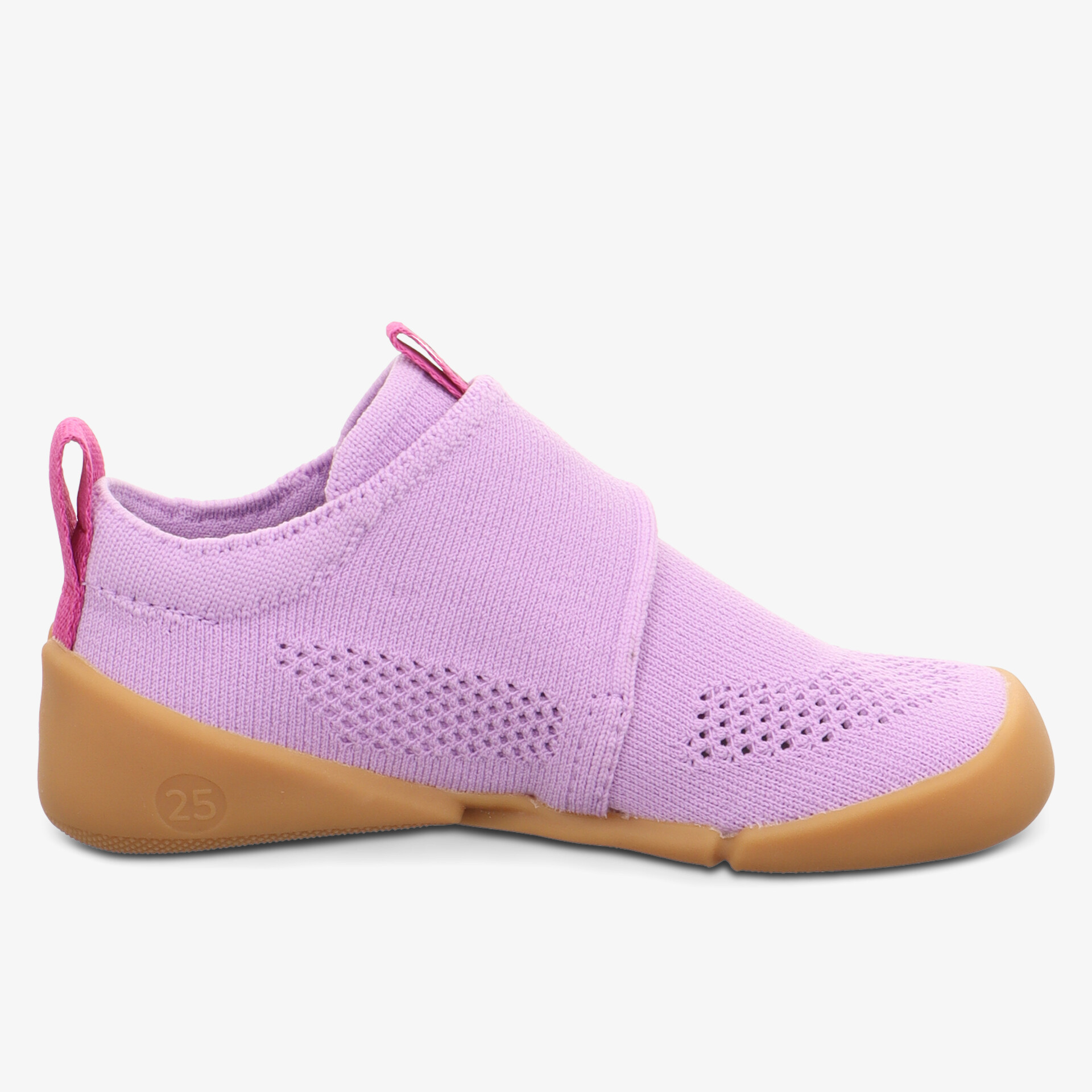 leichter Schuh in lila mit elastischem Obermaterial und rutschfester brauner Sohle, Komfort und Flexibilität