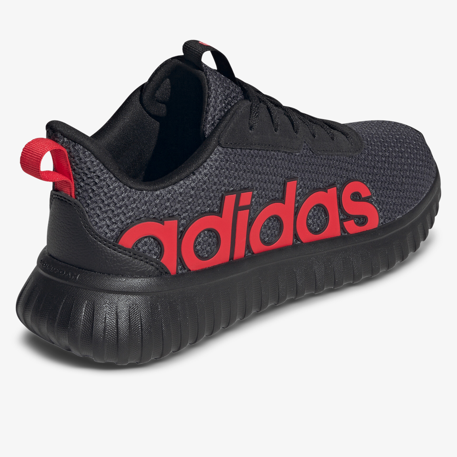 Schwarzer adidas Schuh mit rotem Logo, leichter und bequemer Sportschuh mit flexibler Sohle