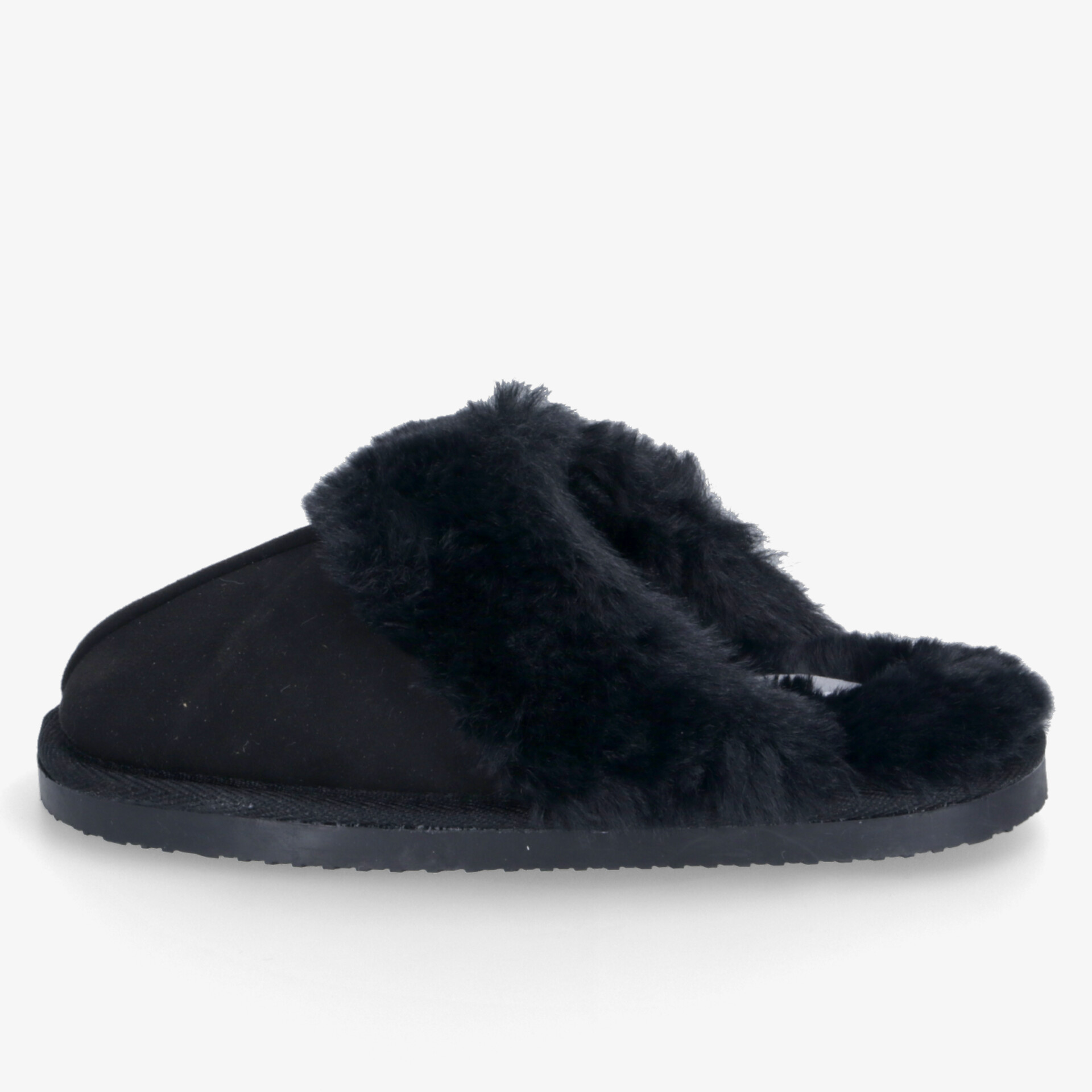 Schwarzer flauschiger Hausschuh mit weichem Innenfutter und rutschfester Sohle für maximalen Komfort