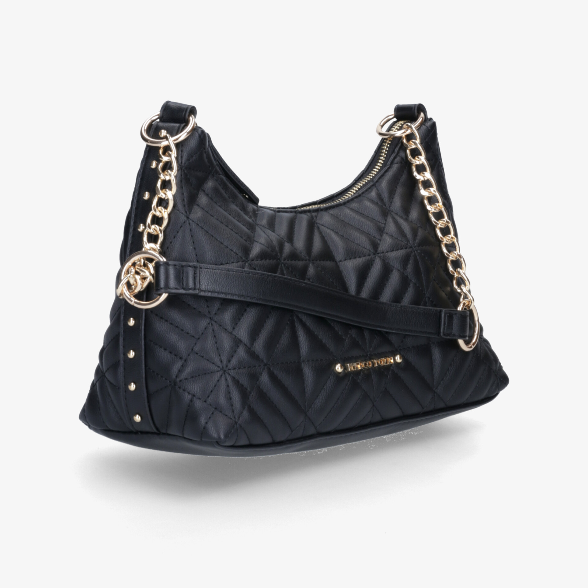 Elegante schwarze Handtasche mit goldfarbener Kette und modischem gestepptem Design in seitlicher 3/4-Ansicht
