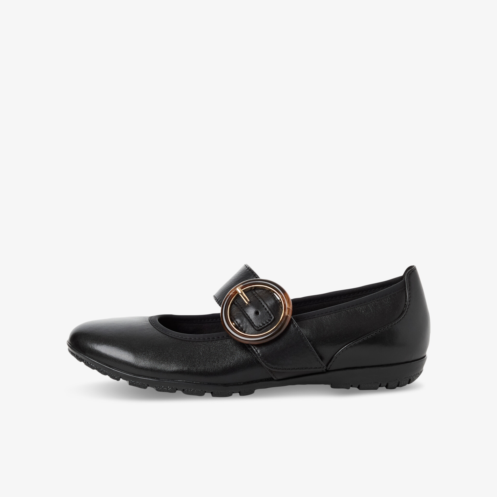 Schwarzer Slipper mit dekorativer Schnalle, rutschfeste Sohle und flexiblem, bequemem Material seitliche Ansicht