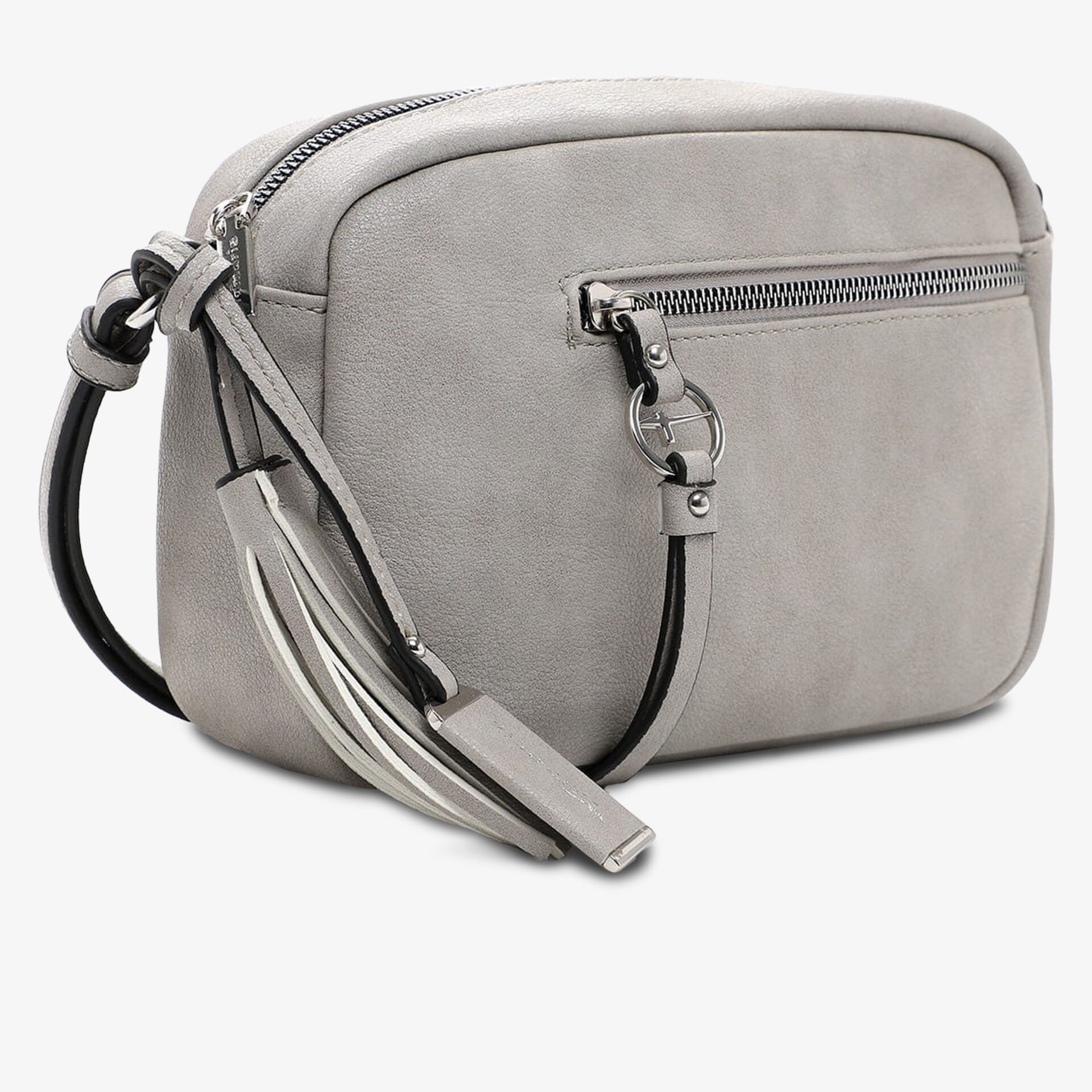 Graue Umhängetasche mit Quaste und Reißverschluss, kompakt und modisch für vielseitige Nutzung