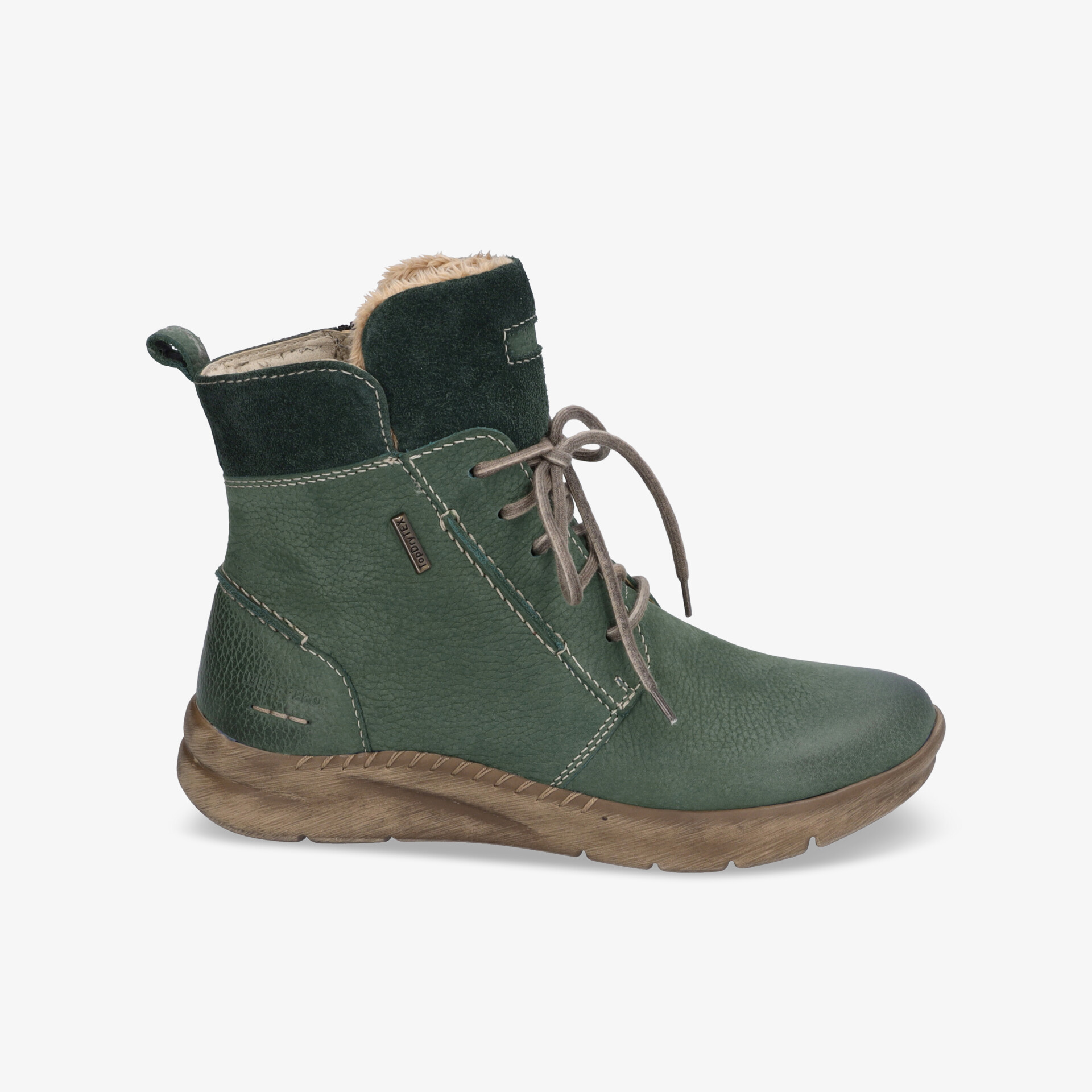 Grüner robuster Schnürstiefel seitliche Ansicht mit gepolstertem Kragen und profilierter Sohle