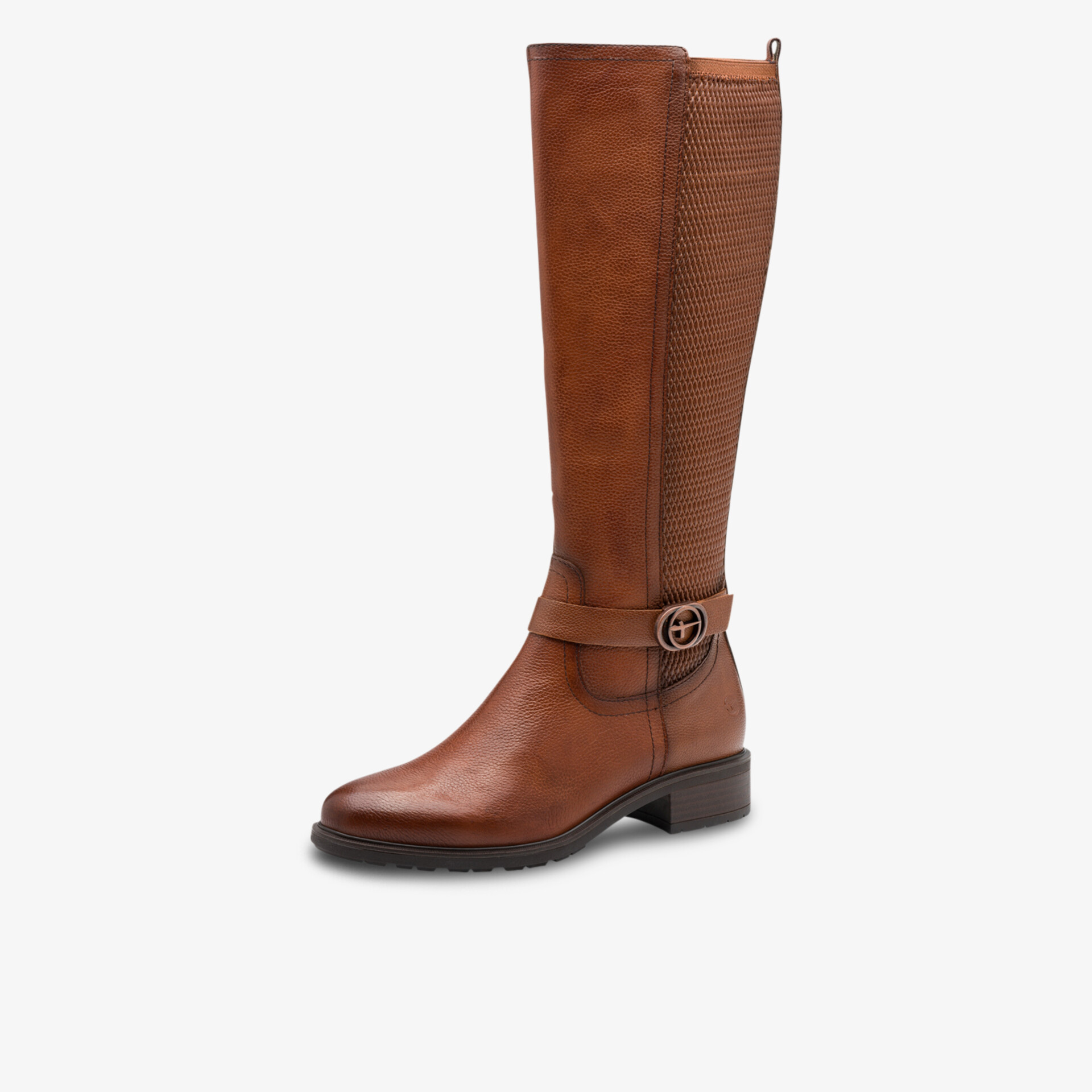 Kniehoher brauner Lederstiefel mit seitlichem Stretch-Einsatz und dezenter Schnalle, stabilem Absatz