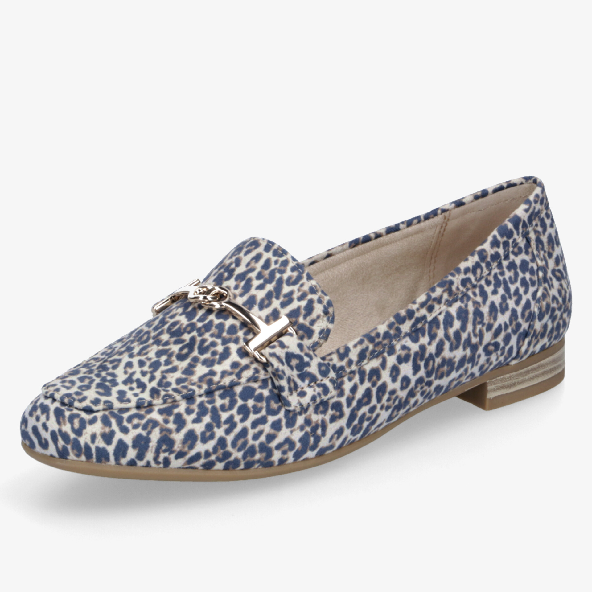 Eleganter Mokassin mit stilvollem Leopardenmuster und goldener Schnalle für Komfort und Trendbewusstsein.
