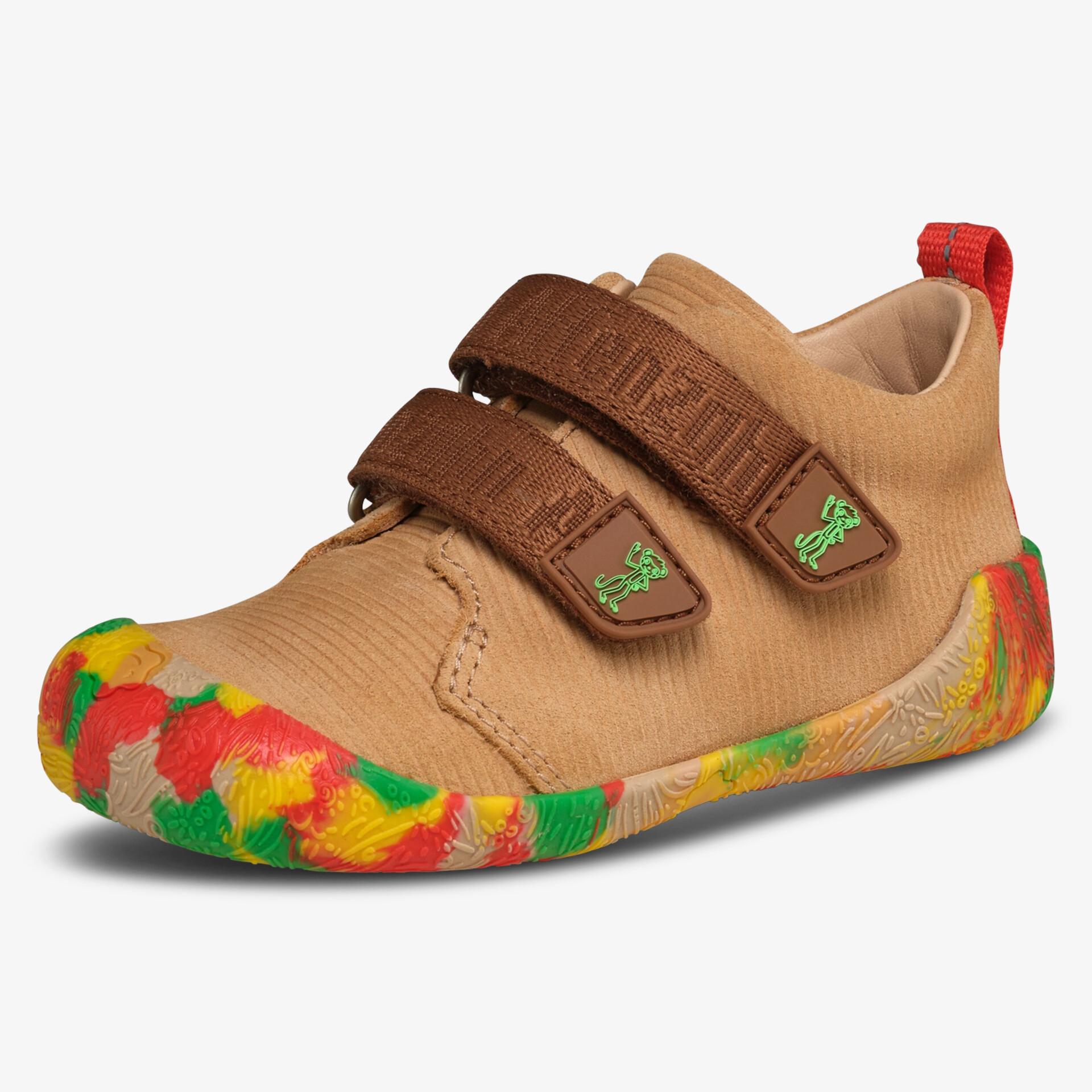 Bequemer Schuh mit buntem Sohlenrand und zwei Klettverschlüssen, weiches Material und leichter Aufbau