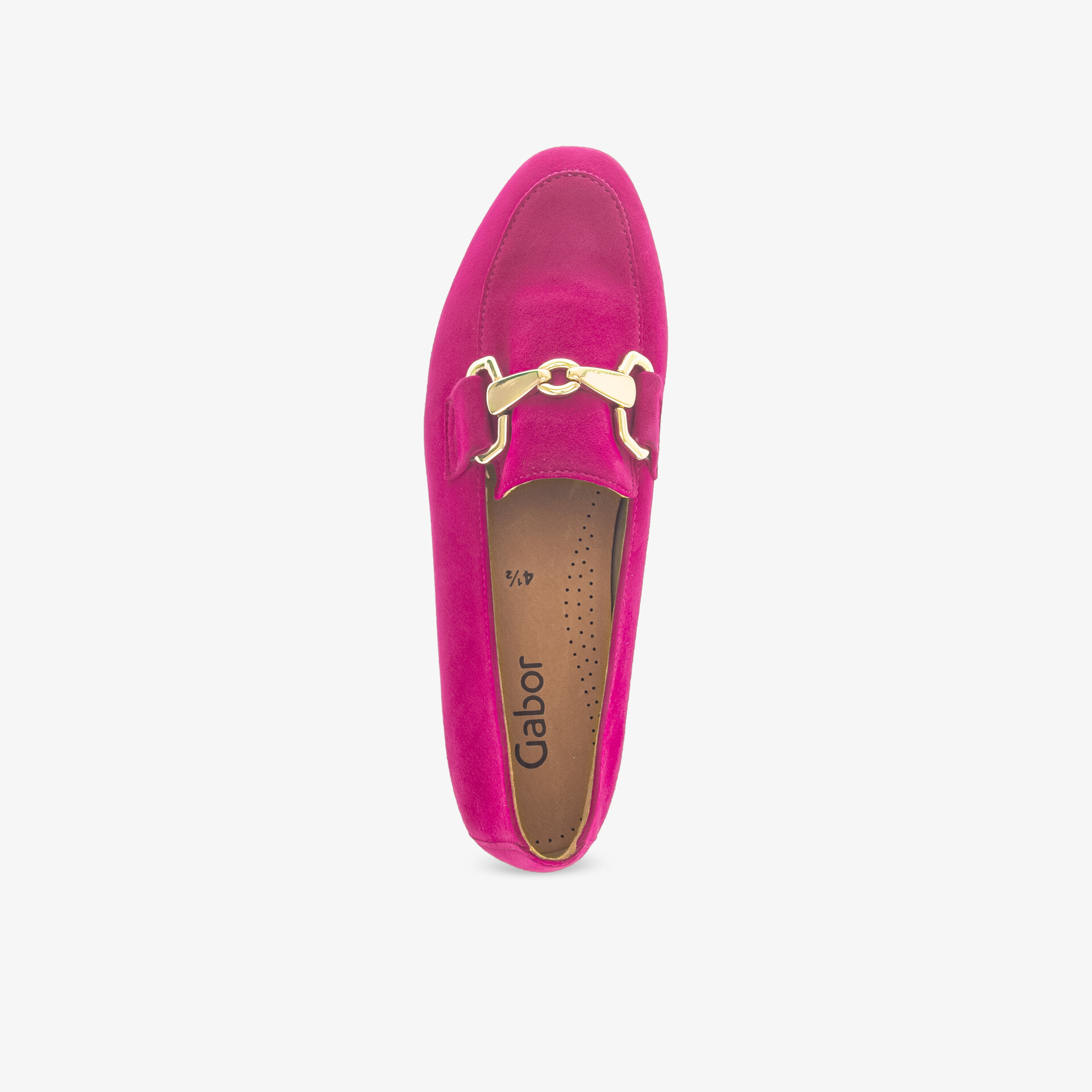 Vielseitiger Mokassin aus elegantem Veloursleder in kräftigem Pink mit modernem goldfarbenem Detail.