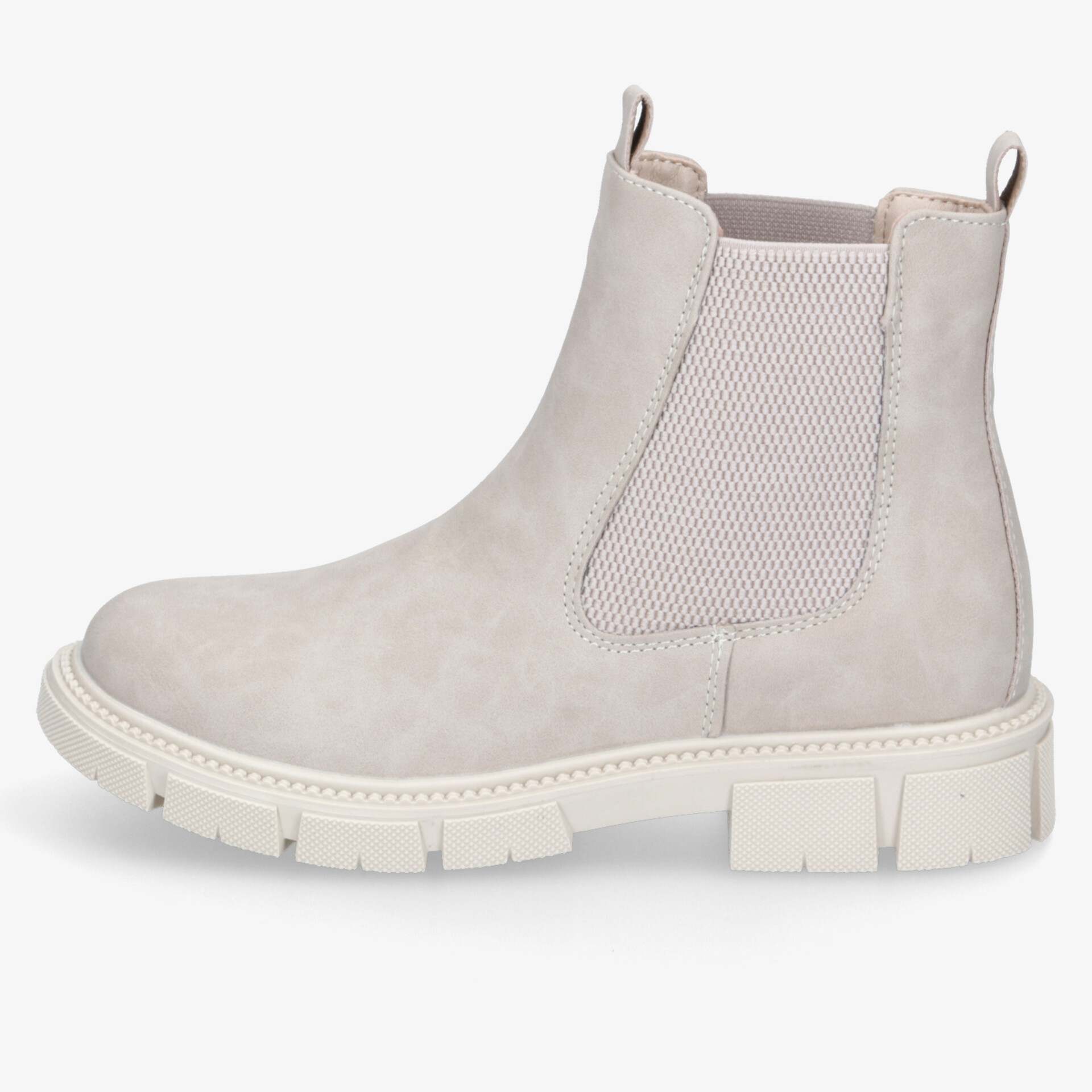 Beiger Chelsea Boot mit elastischen Seiteneinsätzen und rutschfester profilierter Sohle, seitliche Ansicht