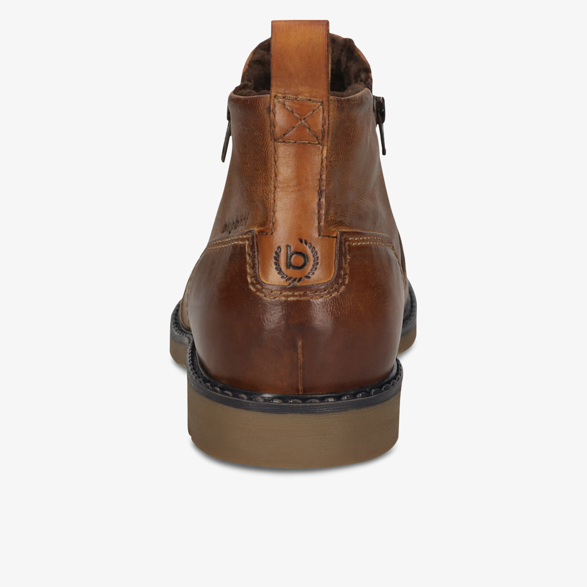 Robuster brauner Lederstiefel mit Reißverschluss und kontrastreicher Sohle, Rückansicht klar sichtbar