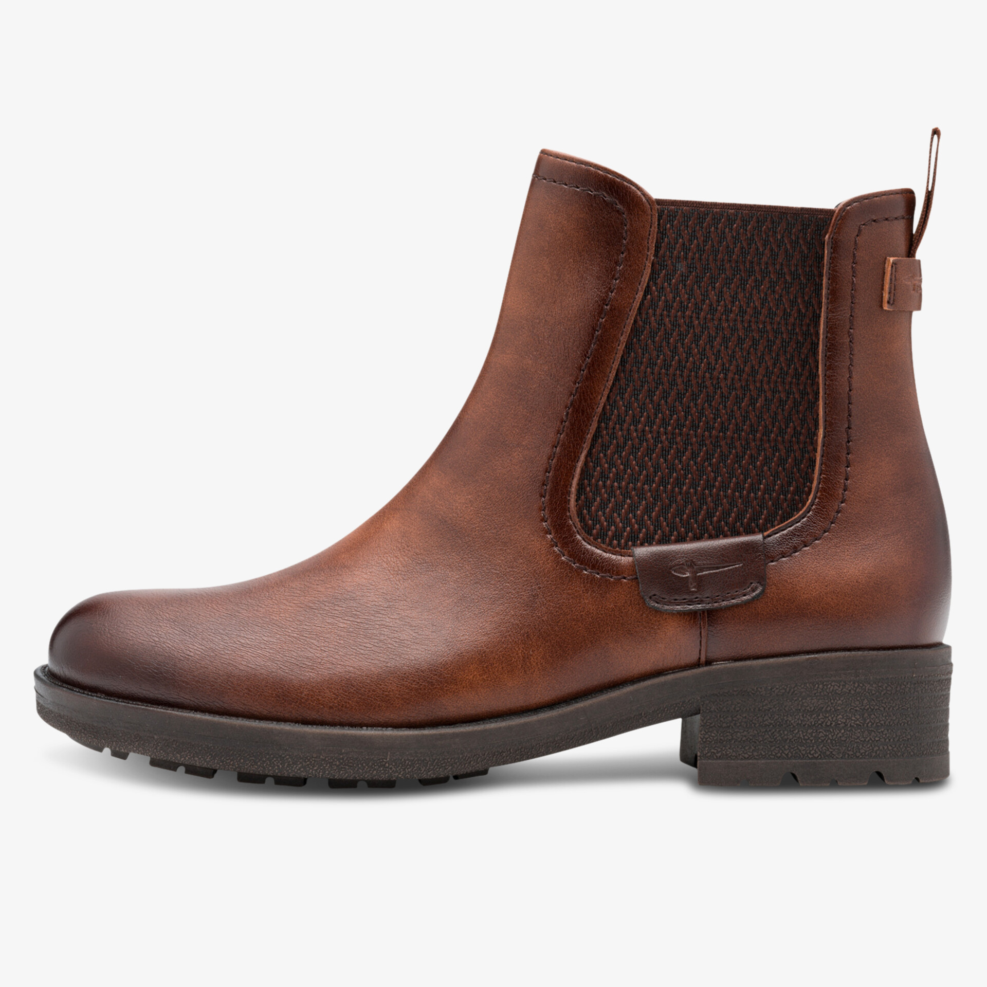Brauner Chelsea Boot aus hochwertigem Leder mit elastischem Einsatz und stabilem Blockabsatz, seitliche Ansicht
