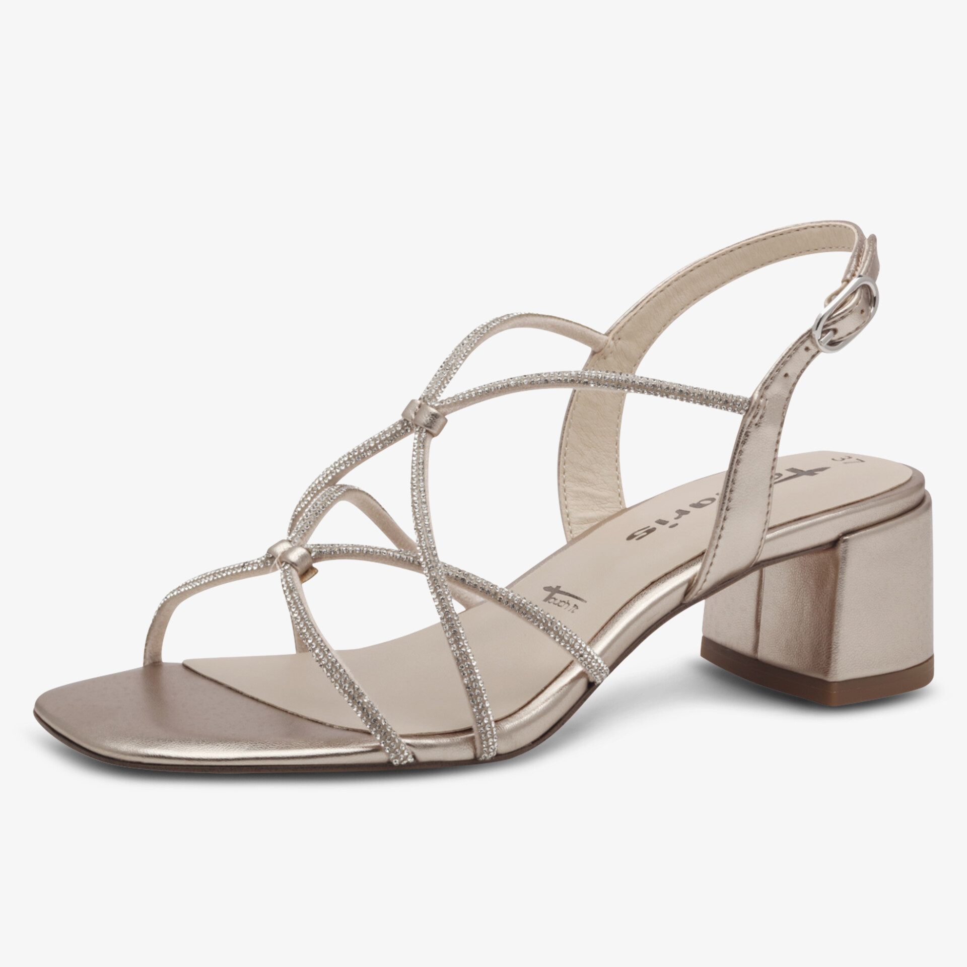 Elegante Sandale mit feinen Riemchen und mittelhohem Blockabsatz in metallicoptik