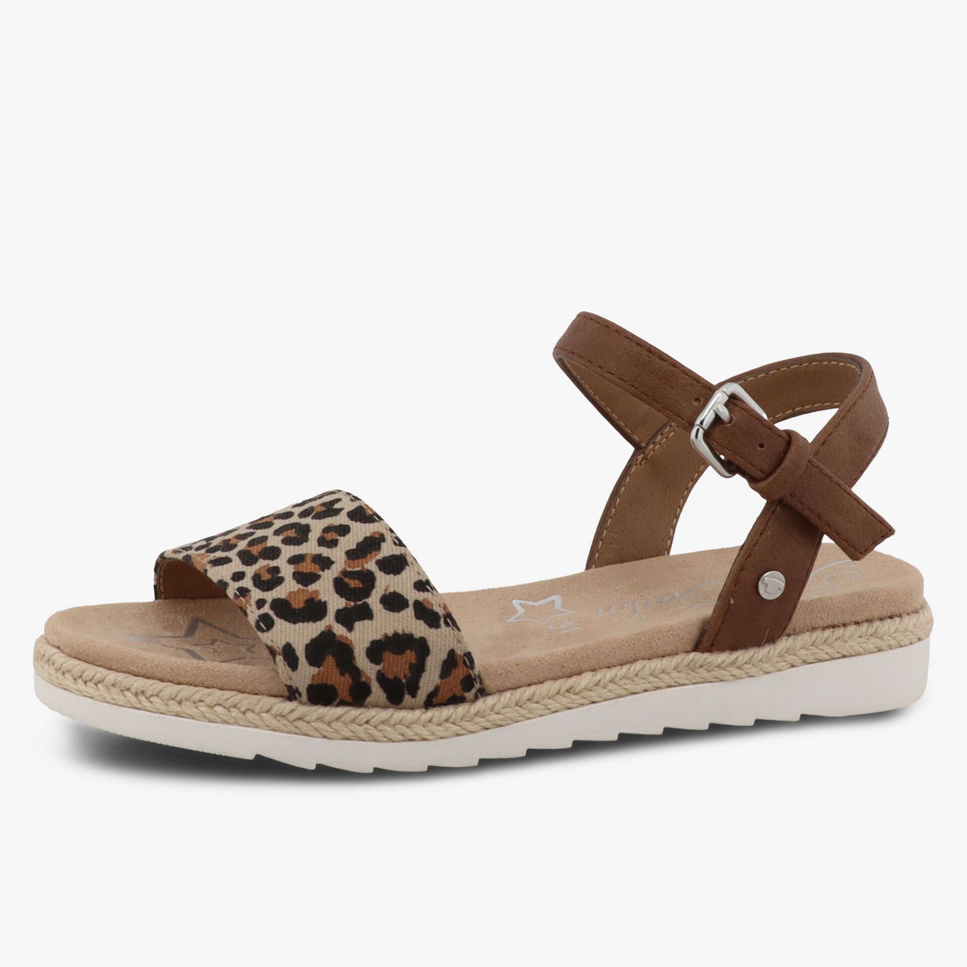 Bequeme Sandale mit Leopardenmuster, verstellbarem Riemen und flacher, profilierter Sohle für den Sommer