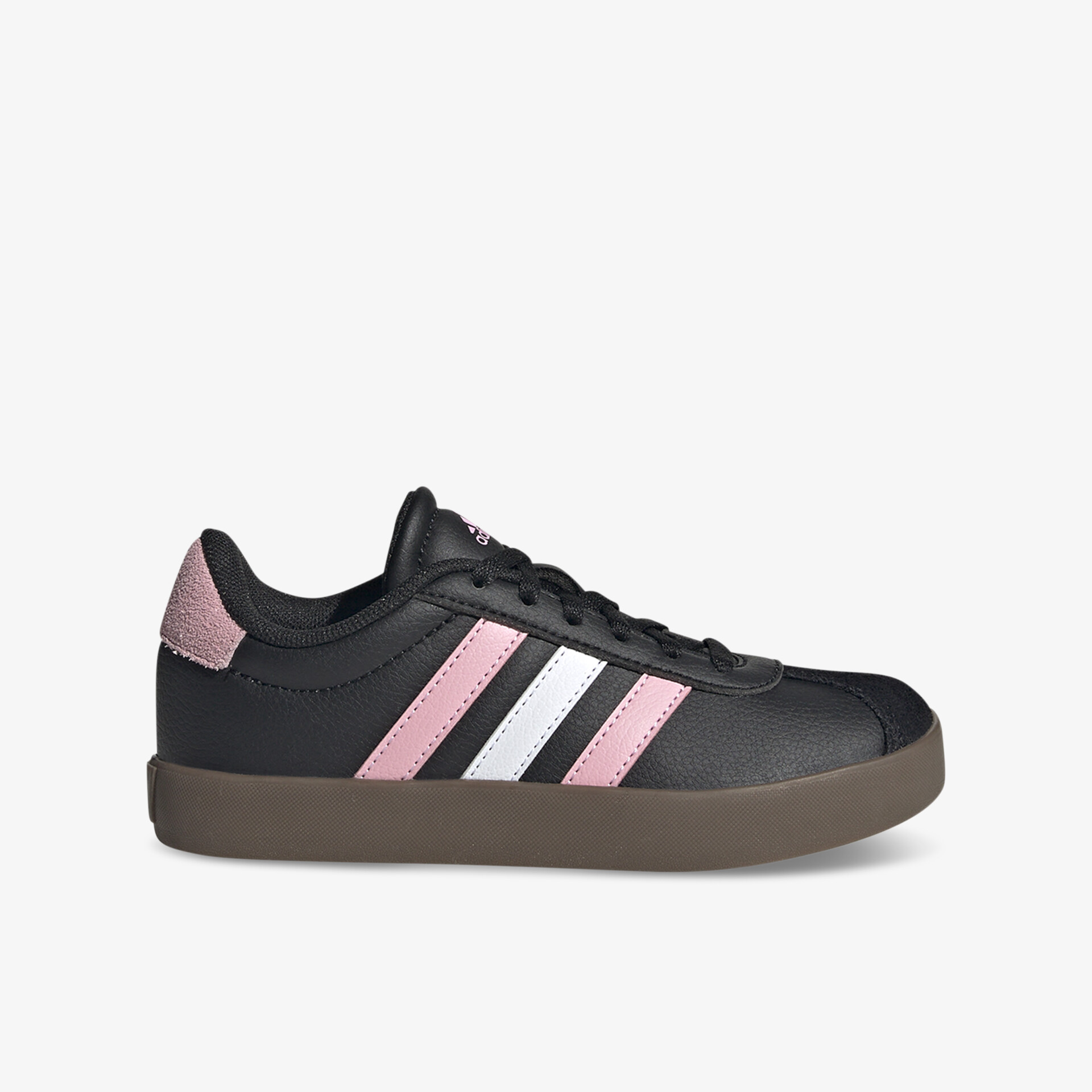 Schwarzer Sneaker mit pinken und weißen Streifen, bequemer Schnitt und rutschfeste braune Gummisohle