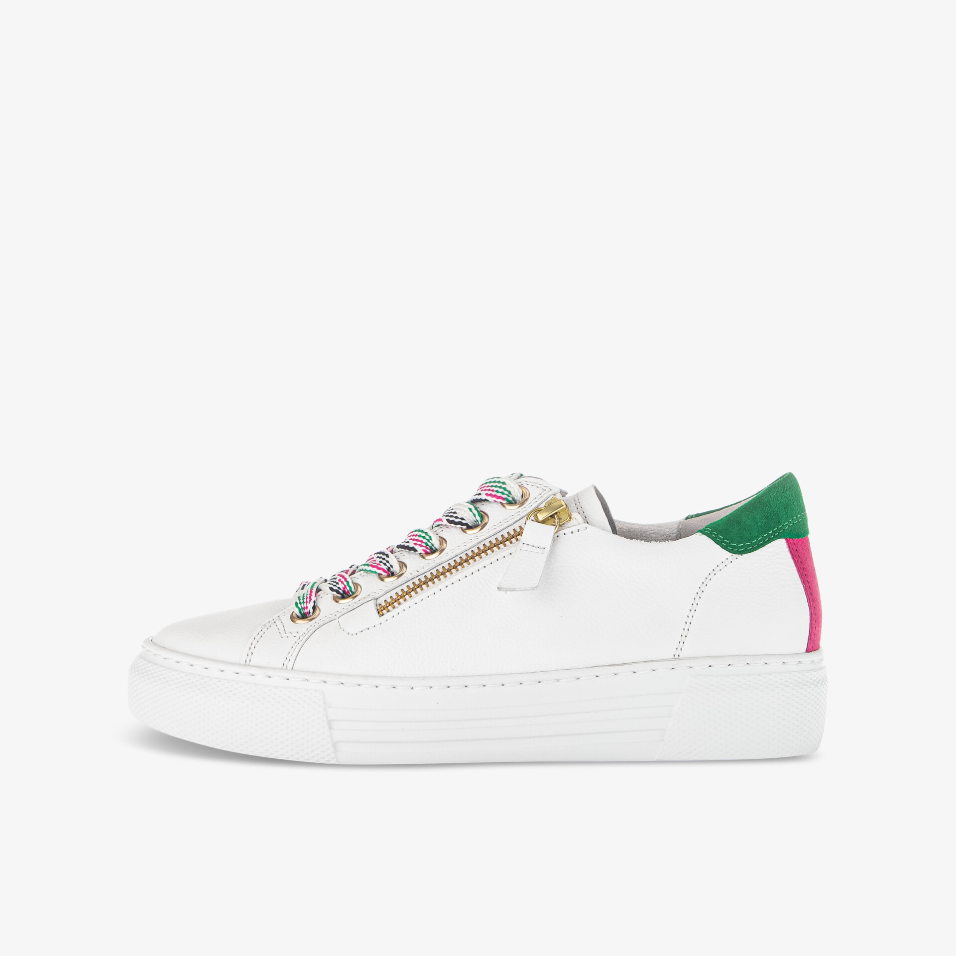 Moderner weißer Sneaker mit bunten Details und seitlichem Reißverschluss für stilvolle Kombinationen.