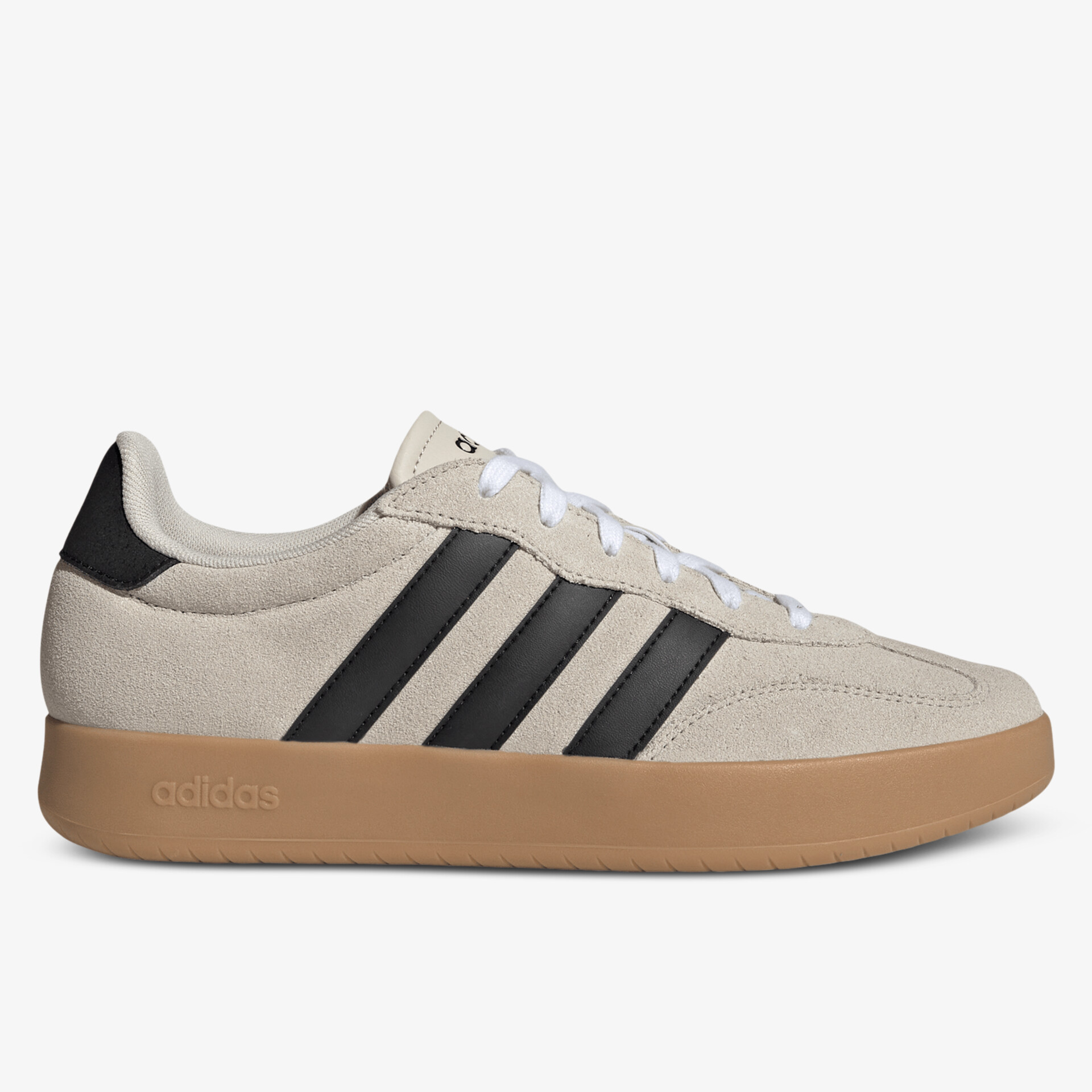 Seitliche Ansicht eines hellbeigen Sneaker mit schwarzen Streifen und brauner Gummisohle