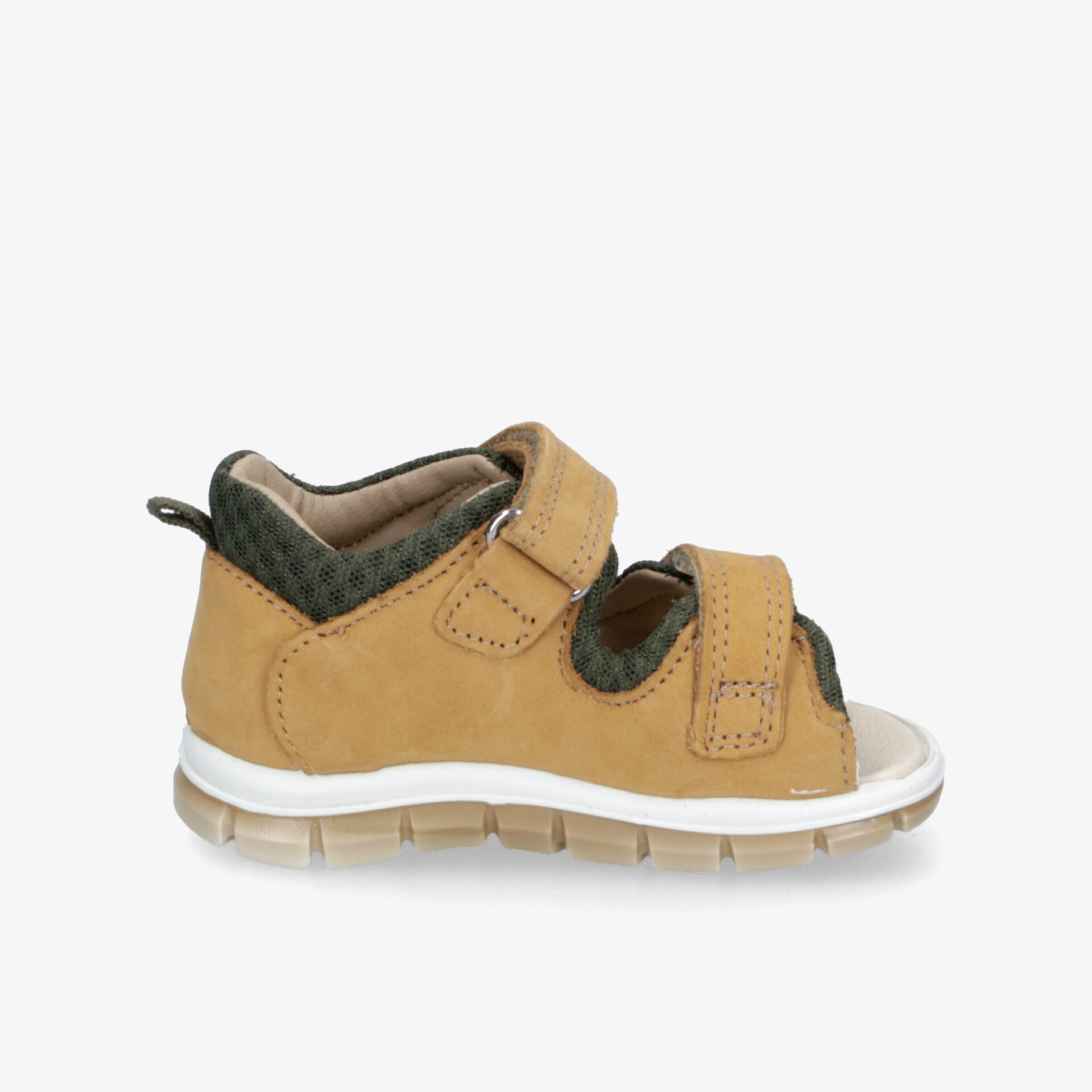 Leichte, komfortable Kindersandale in Braun mit verstellbaren Klettverschlüssen und flexibler Sohle seitlich