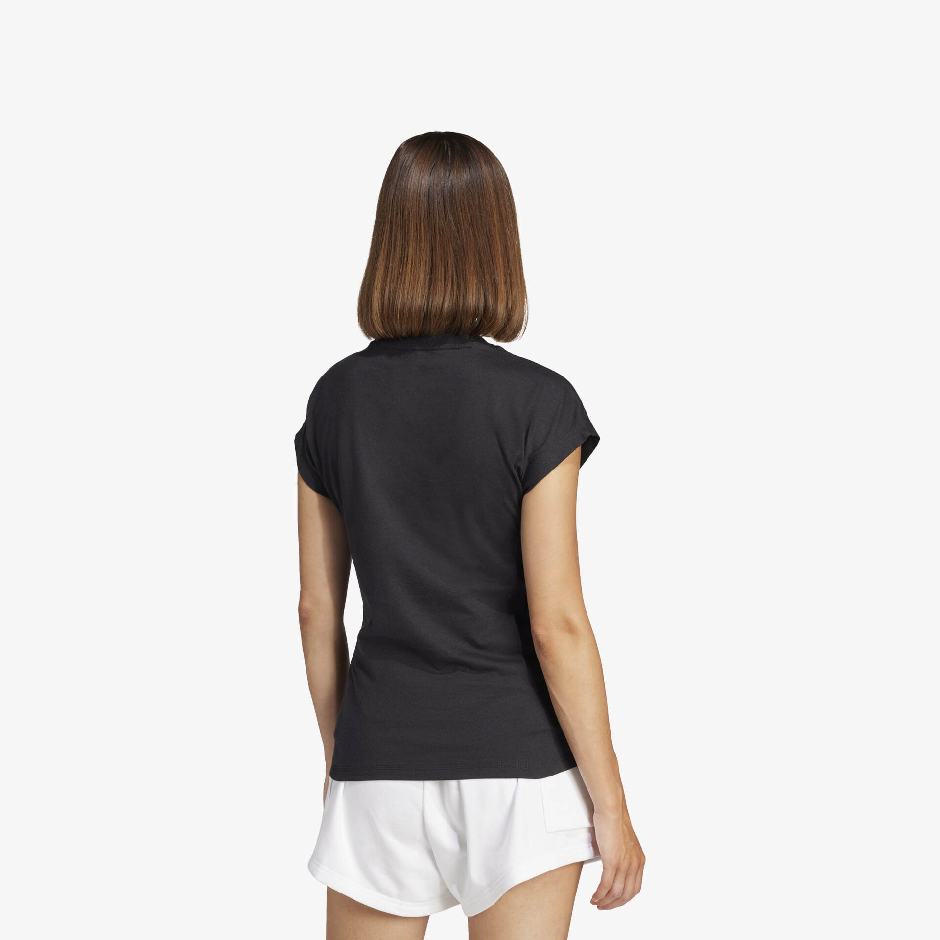 Schwarzes kurzärmeliges Shirt in Rückenansicht, bequeme Passform, leichtes und atmungsaktives Material