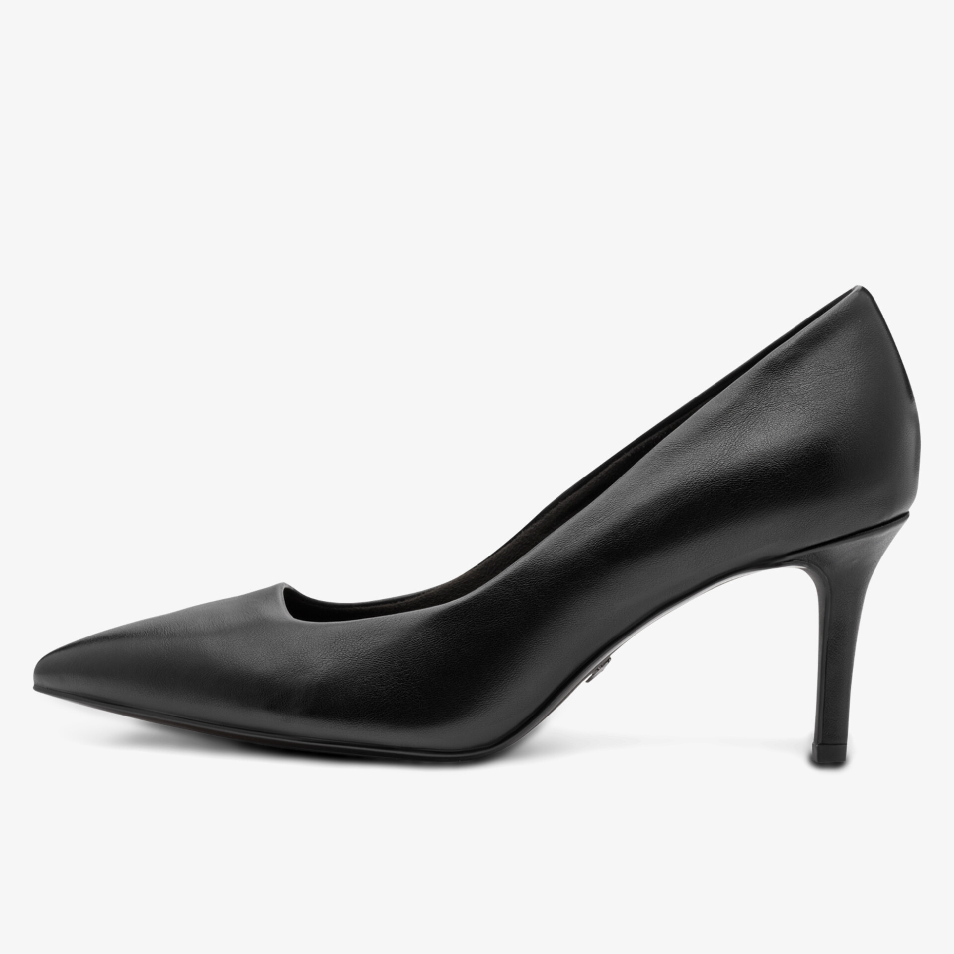 Eleganter Pumps mit hohem Absatz und spitzer Schuhspitze, glattes schwarzes Material, seitliche Ansicht
