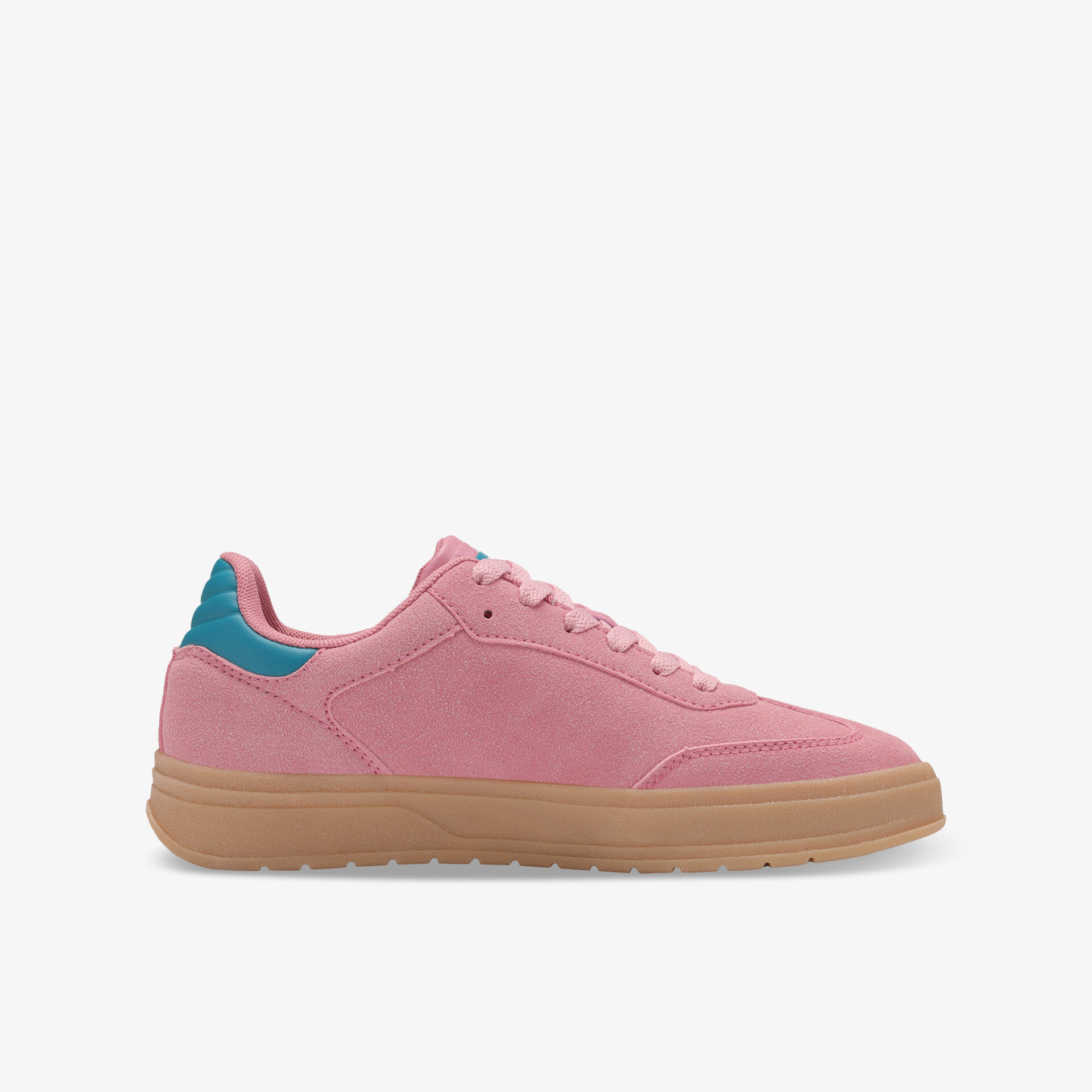 seitliche ansicht eines rosa sportlichen und bequemen sneakers mit robuster gummisohle und leichter schnürung