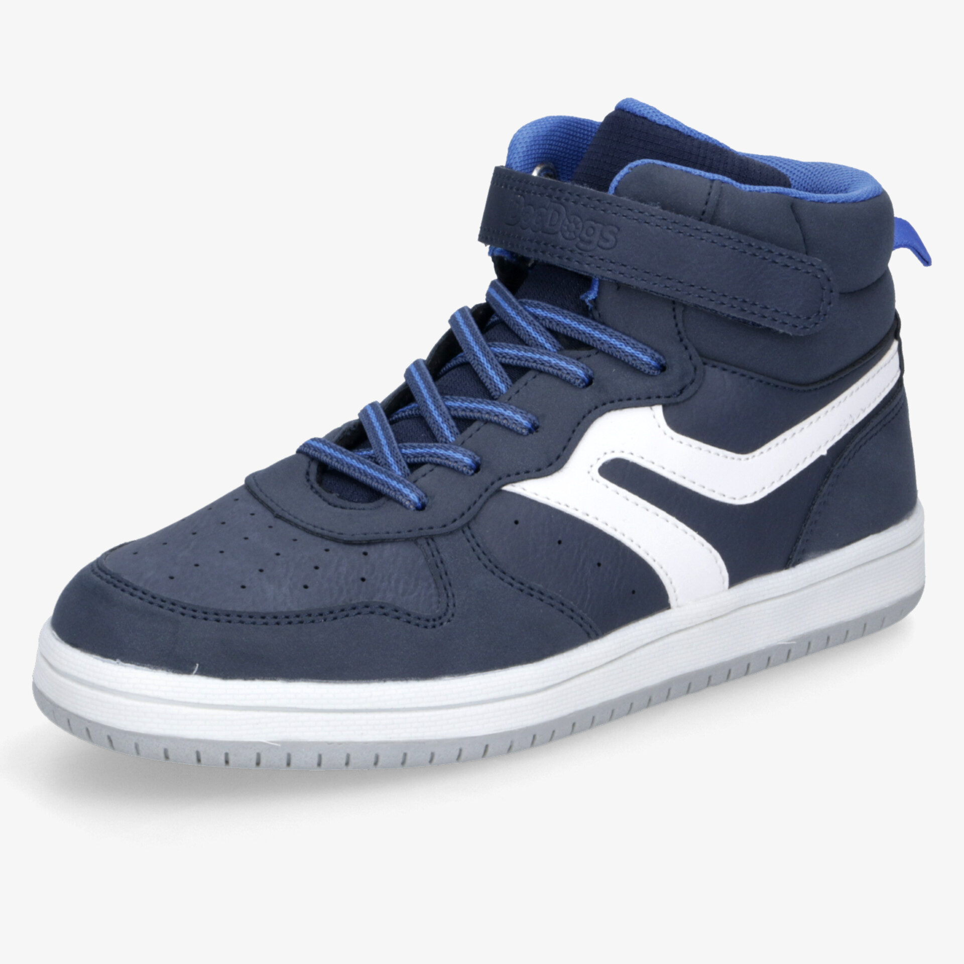 Hoher, sportlicher Sneaker in Blau mit weißem Design, gepolstertem Kragen und robustem Profil