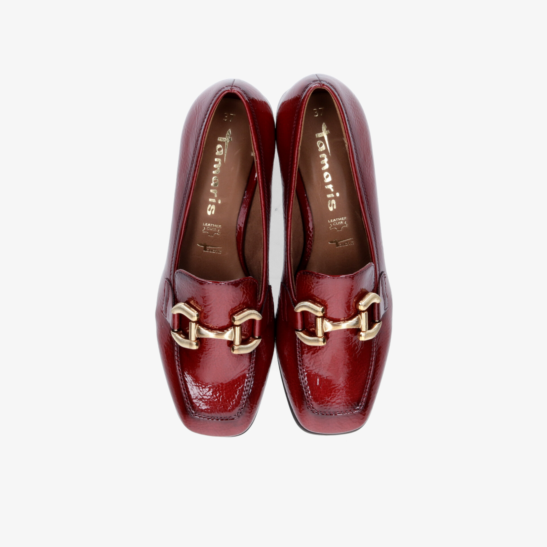 Bordeauxfarbene Lackleder-Loafer mit goldener Schnalle, eckiger Spitze, eleganter und modischer Alltagsschuh