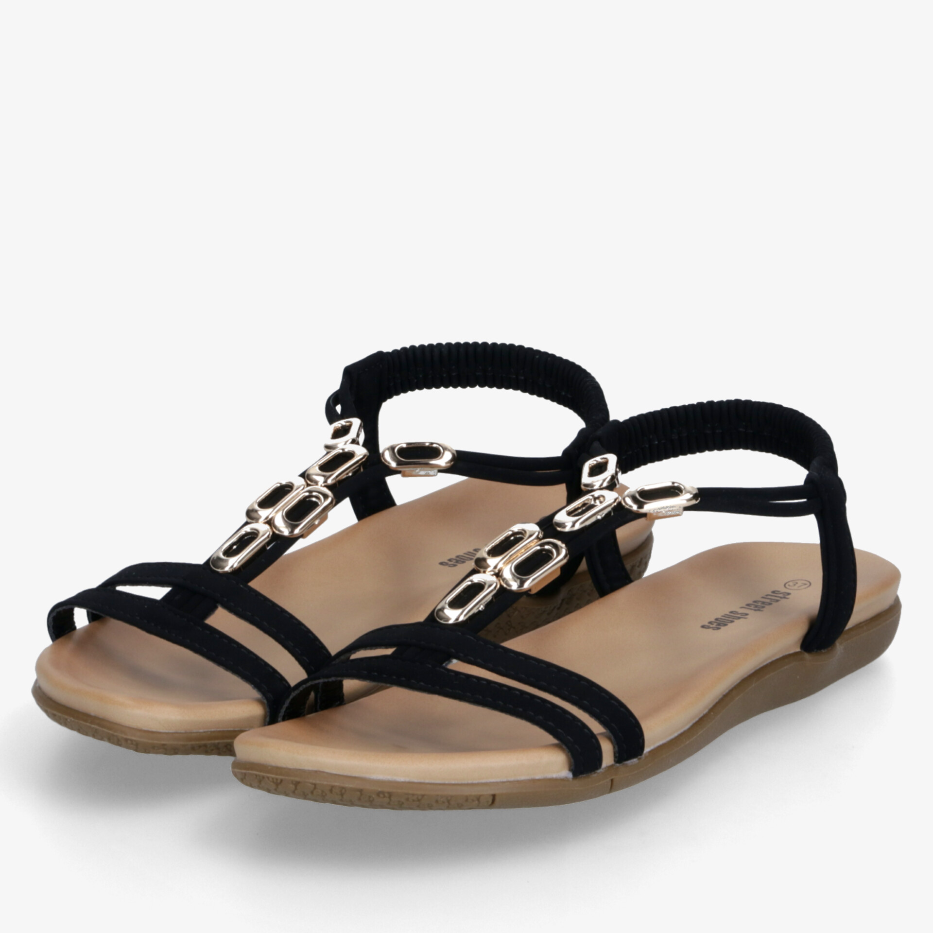 Leichte Sandalen mit schwarzen Riemen und silberner Metallverzierung, flexible flache Sohle für sommerlichen Komfort