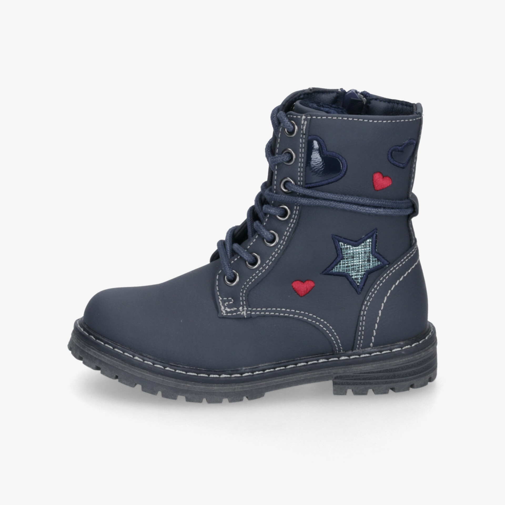 Warmer Winterstiefel mit profilierter Sohle, weichem Innenfutter, robuster Schnürung und dekorativen Herz-Applikationen seitlich