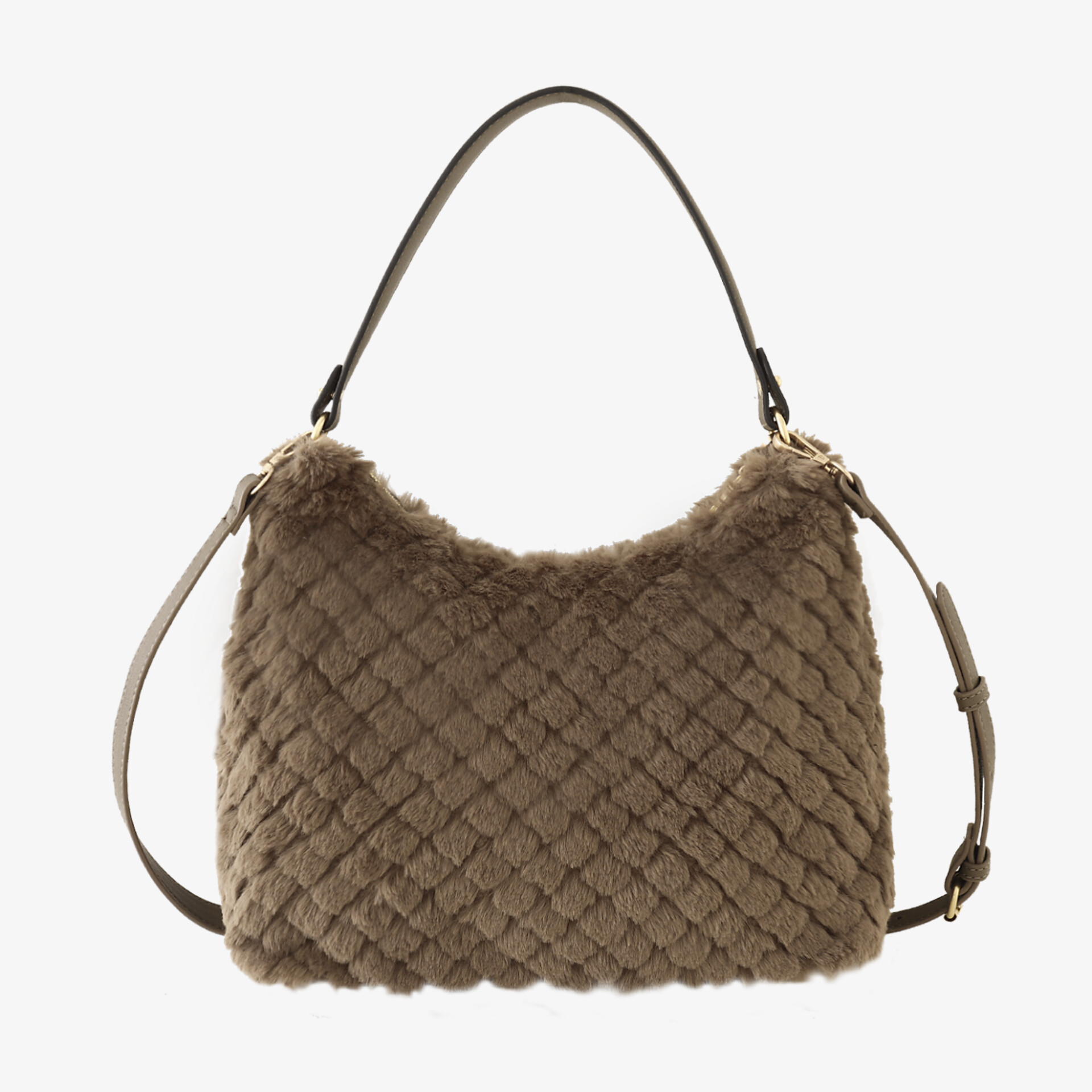 Weiche, braune Kuscheltasche mit modischem Steppmuster und verstellbarem Schulterriemen für komfortablen Tragekomfort