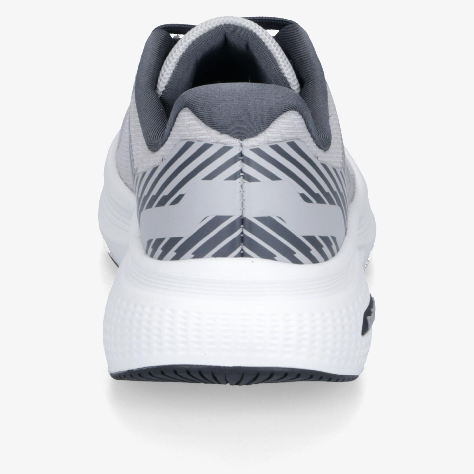 Sportlicher Schuh in Weiß und Grau mit rutschfester Sohle und modernem Design aus der Rückansicht.