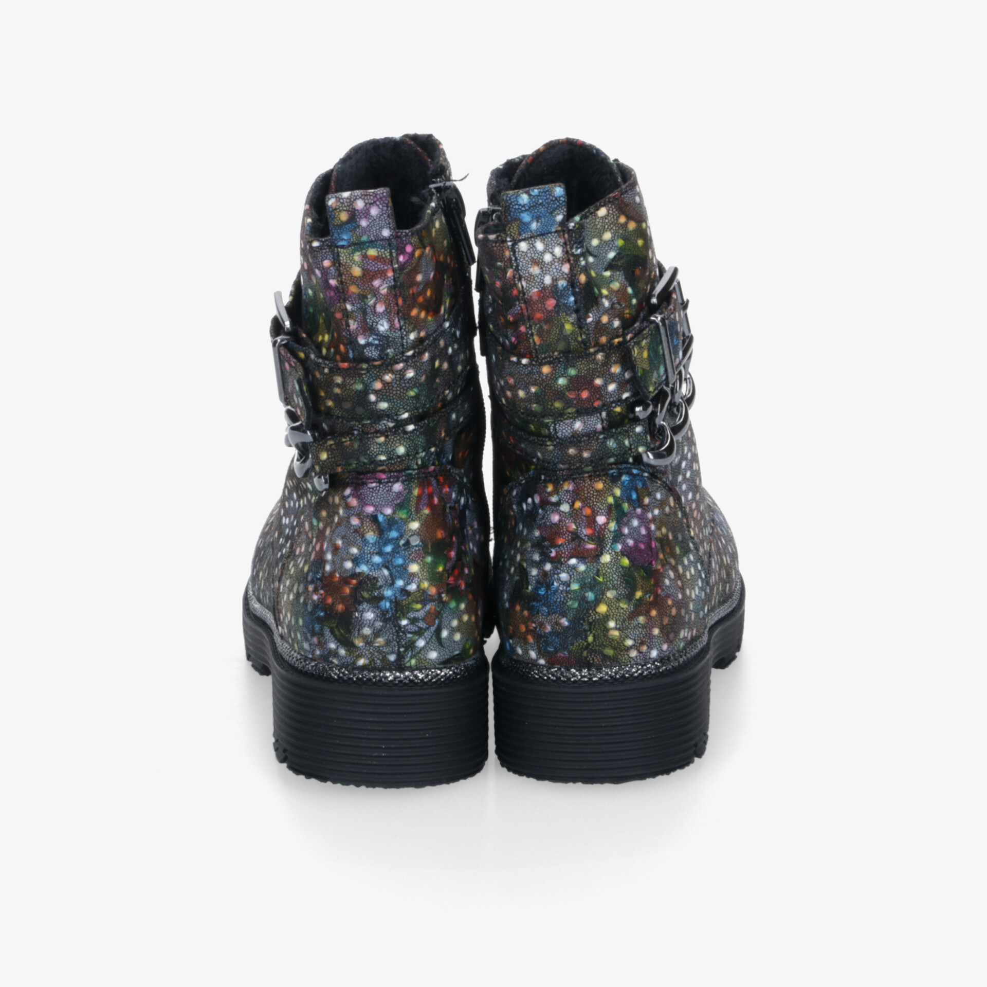 Rückansicht von schwarzen Stiefeln mit buntem Glitzereffekt und stabilem, mittelhohem Absatz