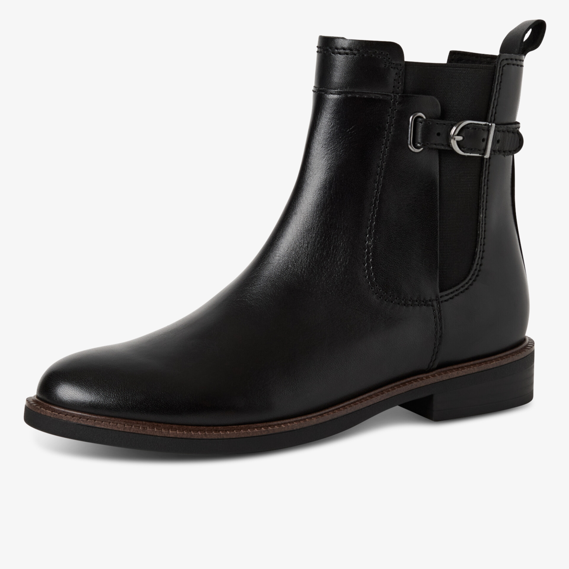 Eleganter schwarzer Lederstiefel mit seitlichem Reißverschluss und modischer Schnalle, niedriger Absatz, bequem