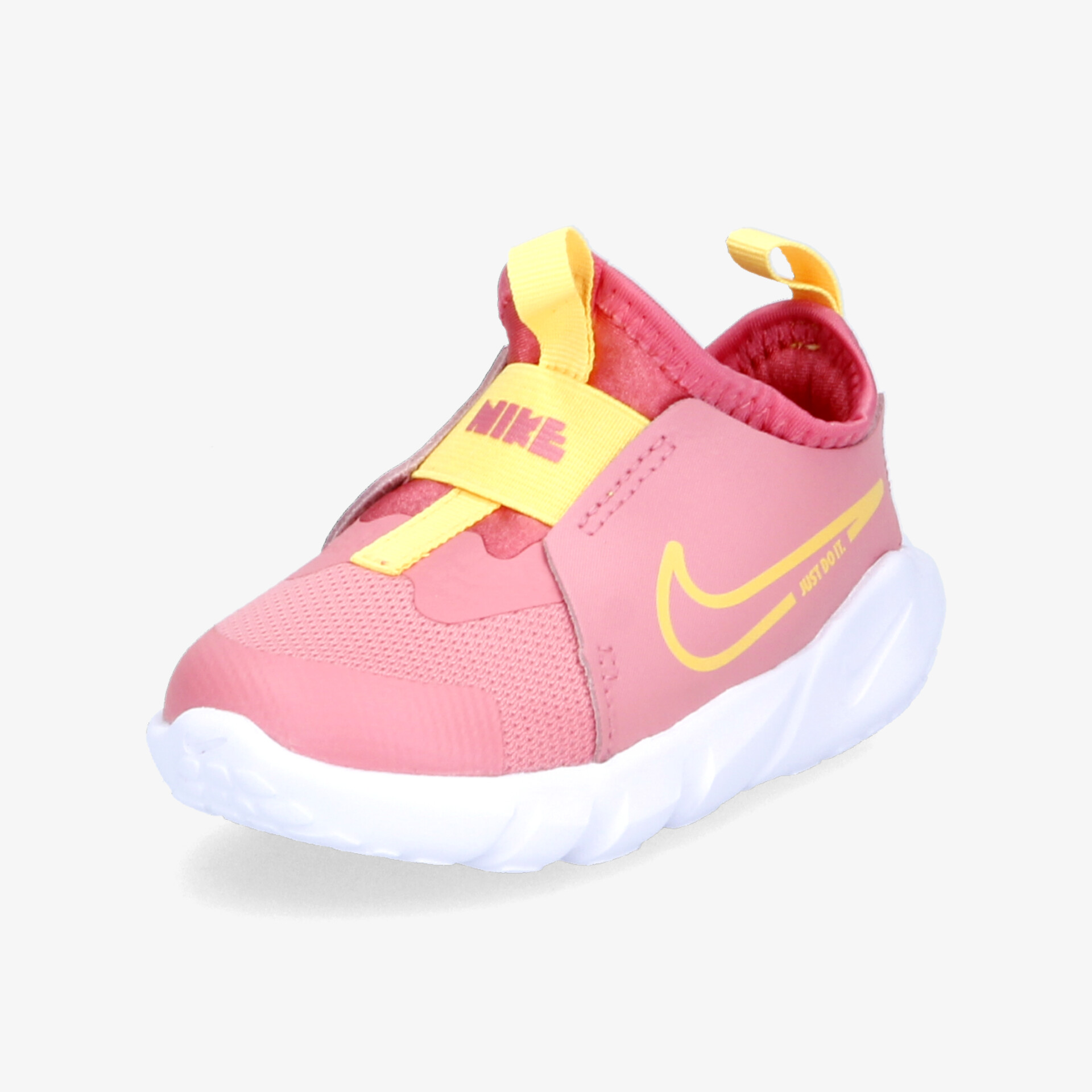 Sportlicher pink-gelber Schuh mit flexiblem Design und rutschfester weißer Sohle.