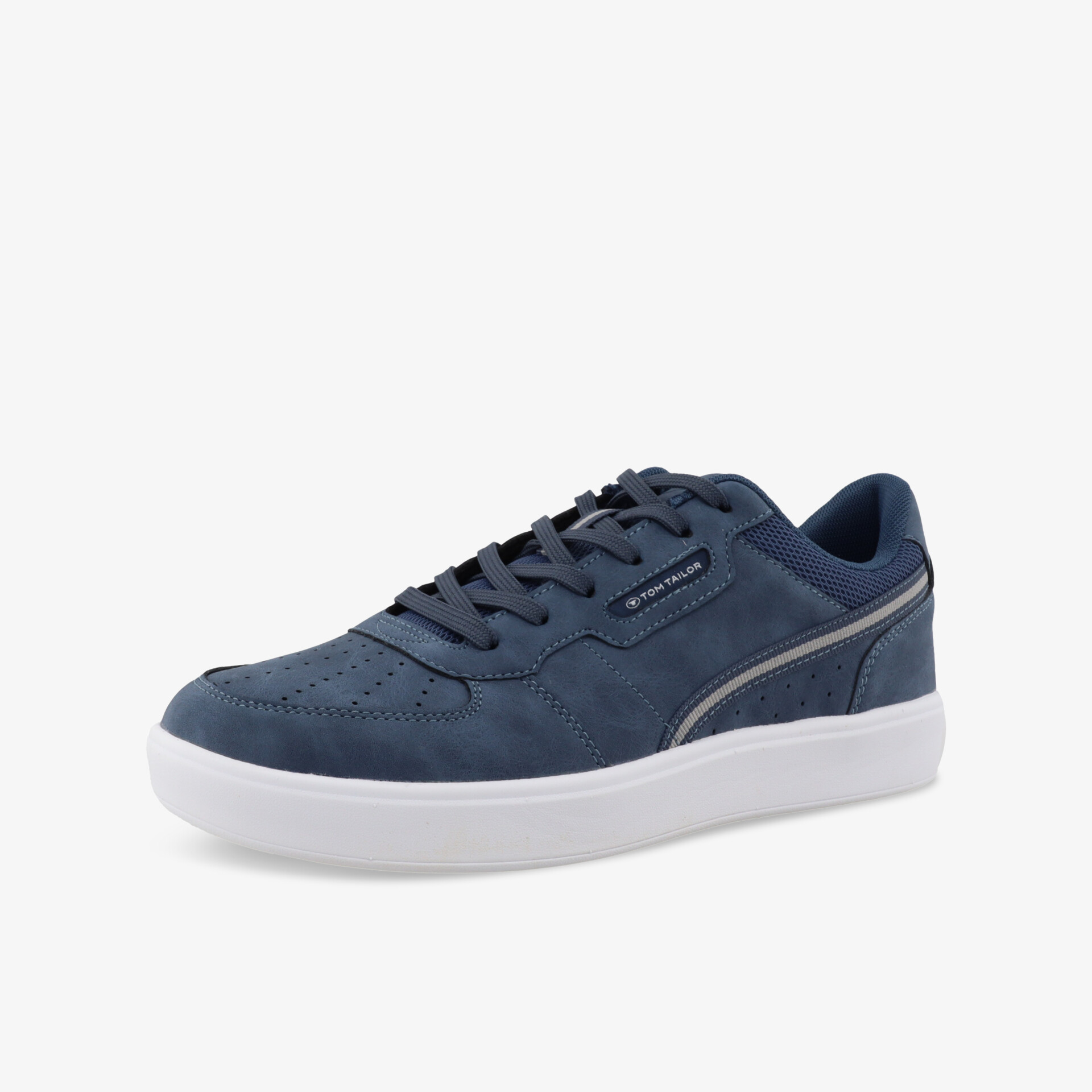 Blauer Sneaker seitlich mit moderner Schnürung und leichter rutschfester Sohle, sportlich und bequem für Alltag und Freizeit