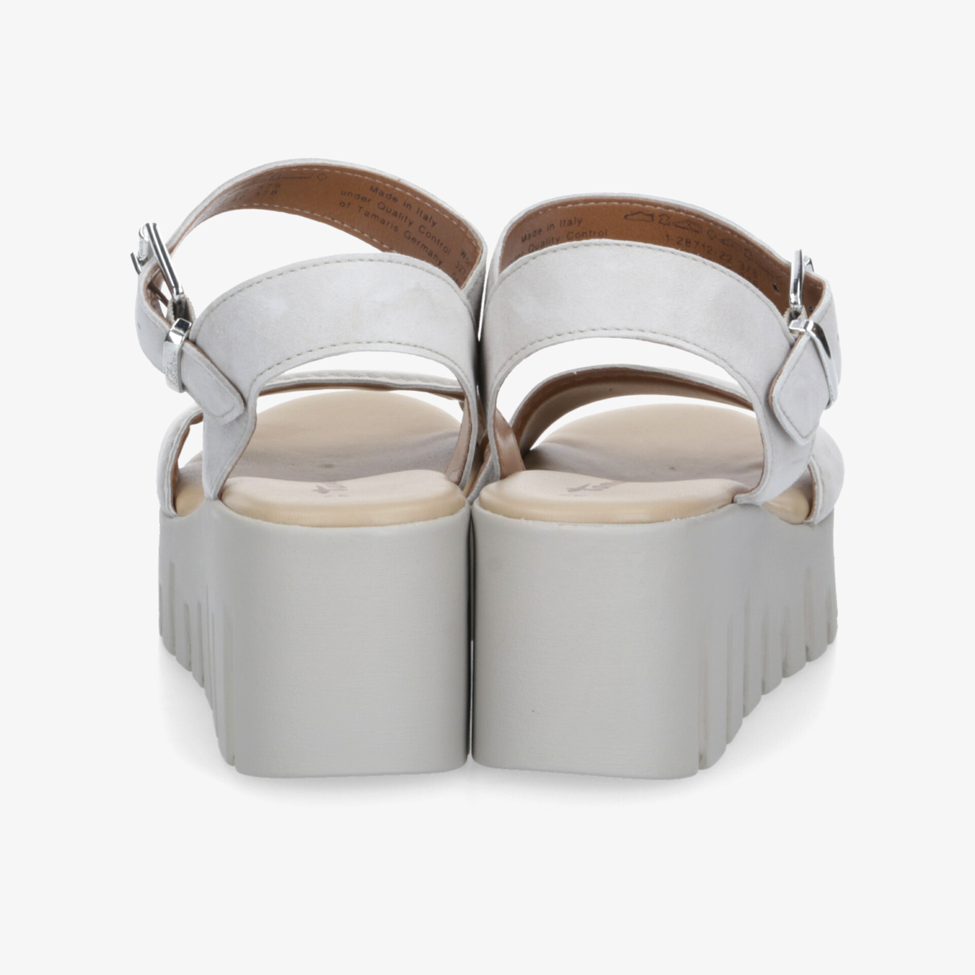 Weiße Plateau-Sandale mit verstellbarem Riemen und gepolstertem Fußbett, Rückansicht