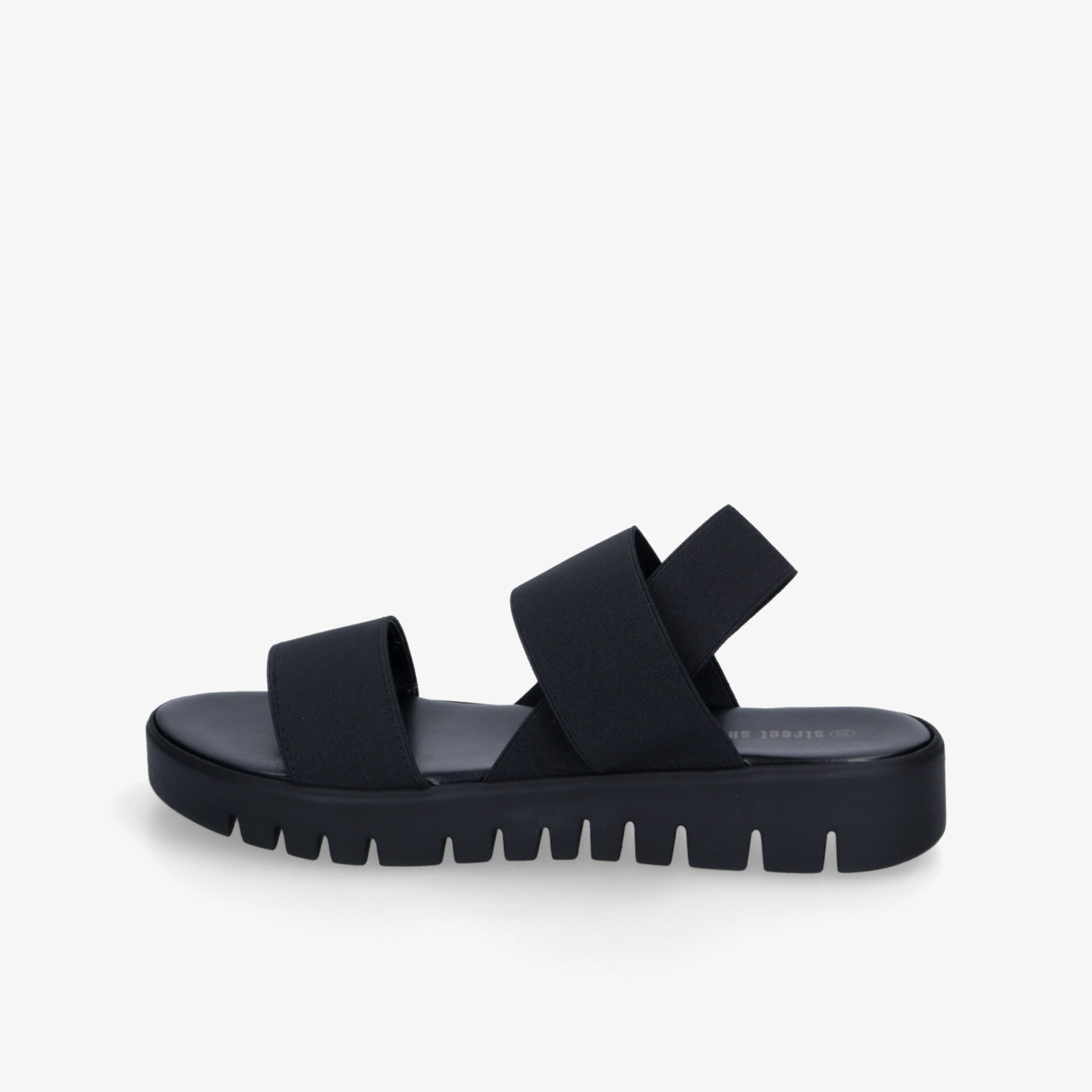 Schwarze Sandale mit breiten Riemen und profilierter rutschfester Sohle für hohen Tragekomfort und Stabilität