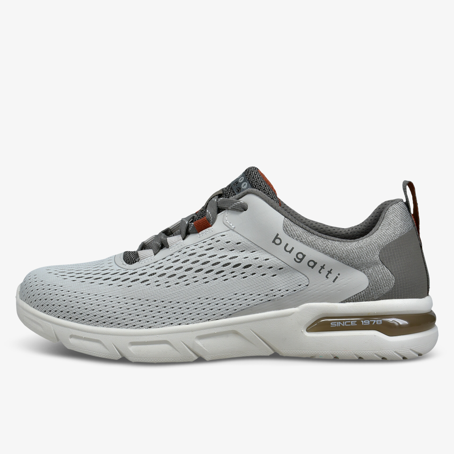 Leichter, grauer Sneaker mit atmungsaktiver Mesh-Oberfläche und stabiler Sohle.