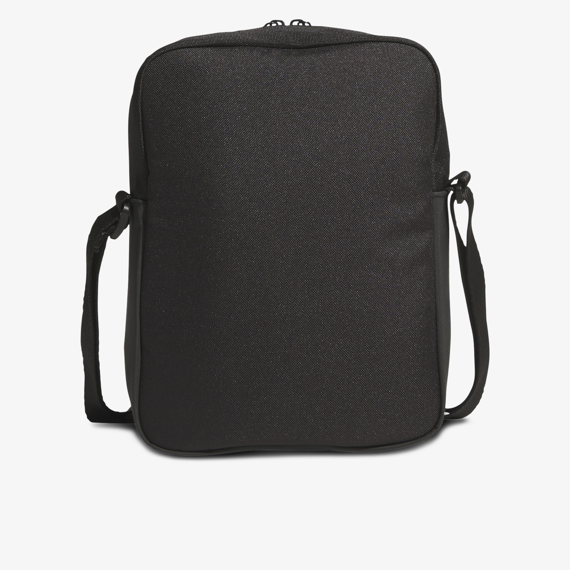 Schlichte schwarze Umhängetasche mit verstellbarem Schulterriemen und geradlinigem Design, praktisch und robust